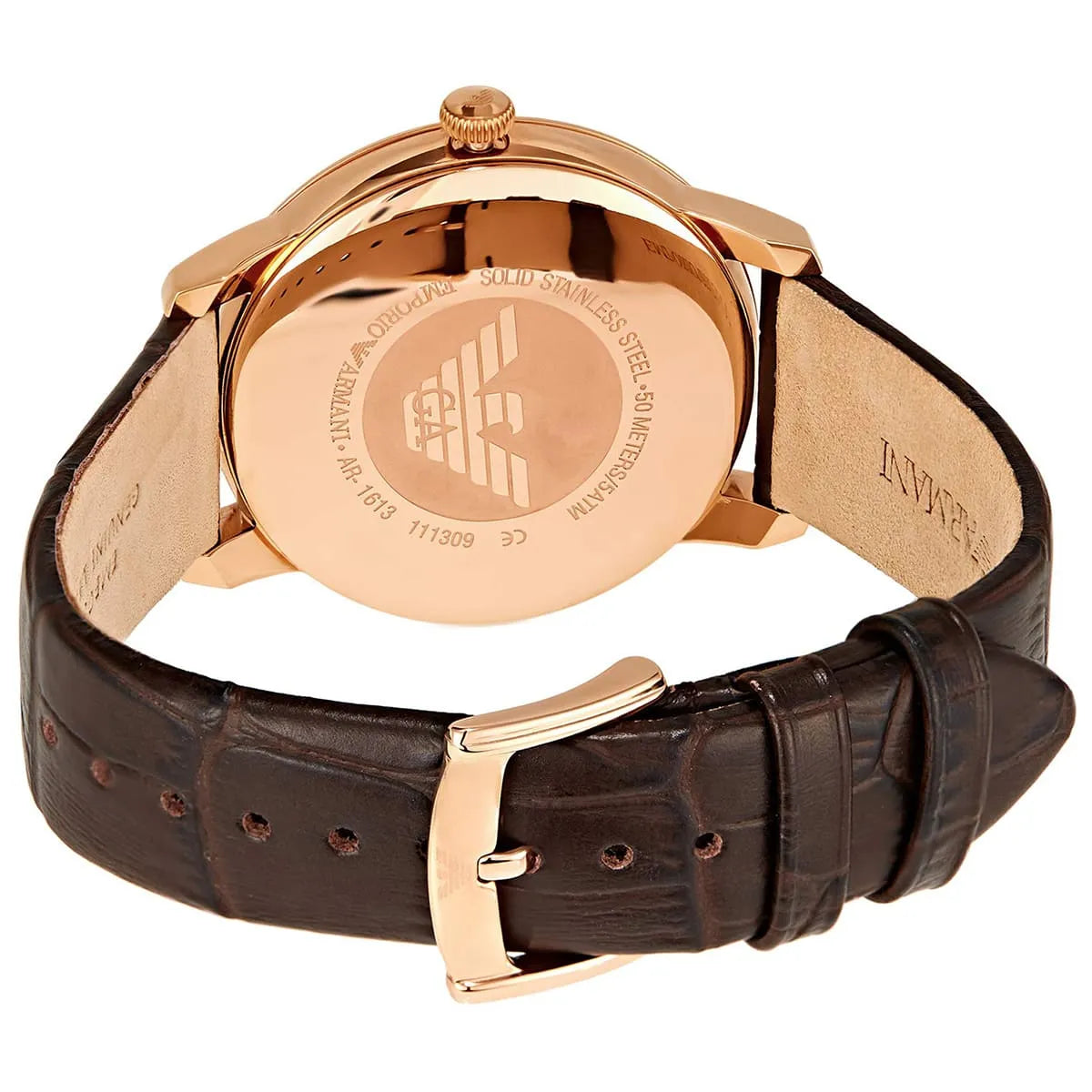 AR1613 Emporio Armani caseback detail with engraved eagle logo and branding