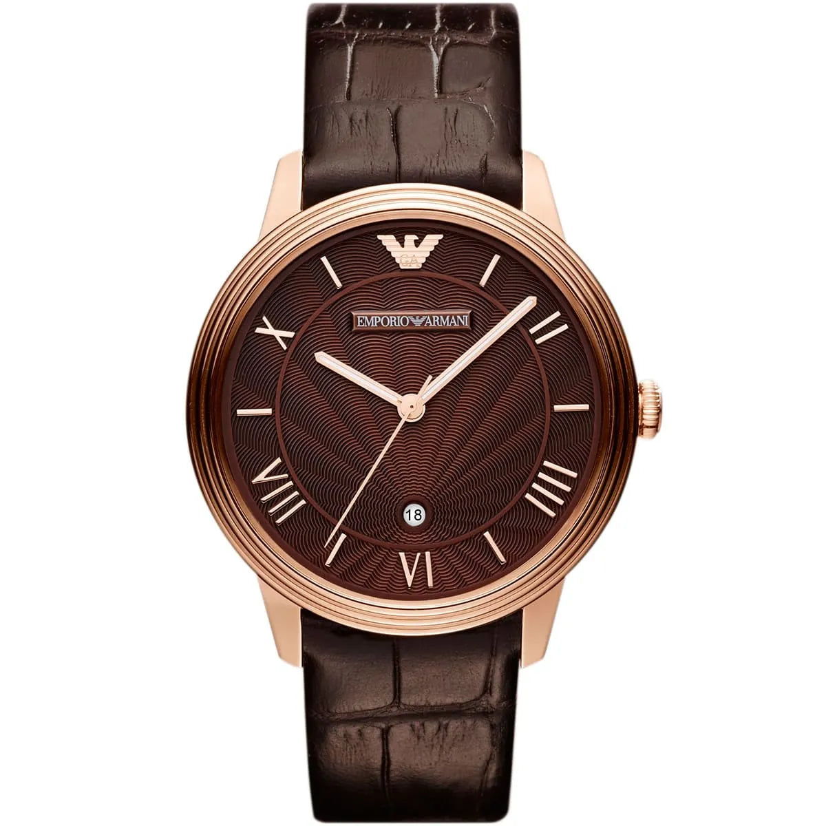 Emporio Armani AR1613 watch front view showing brown dial and crocodile leather strap