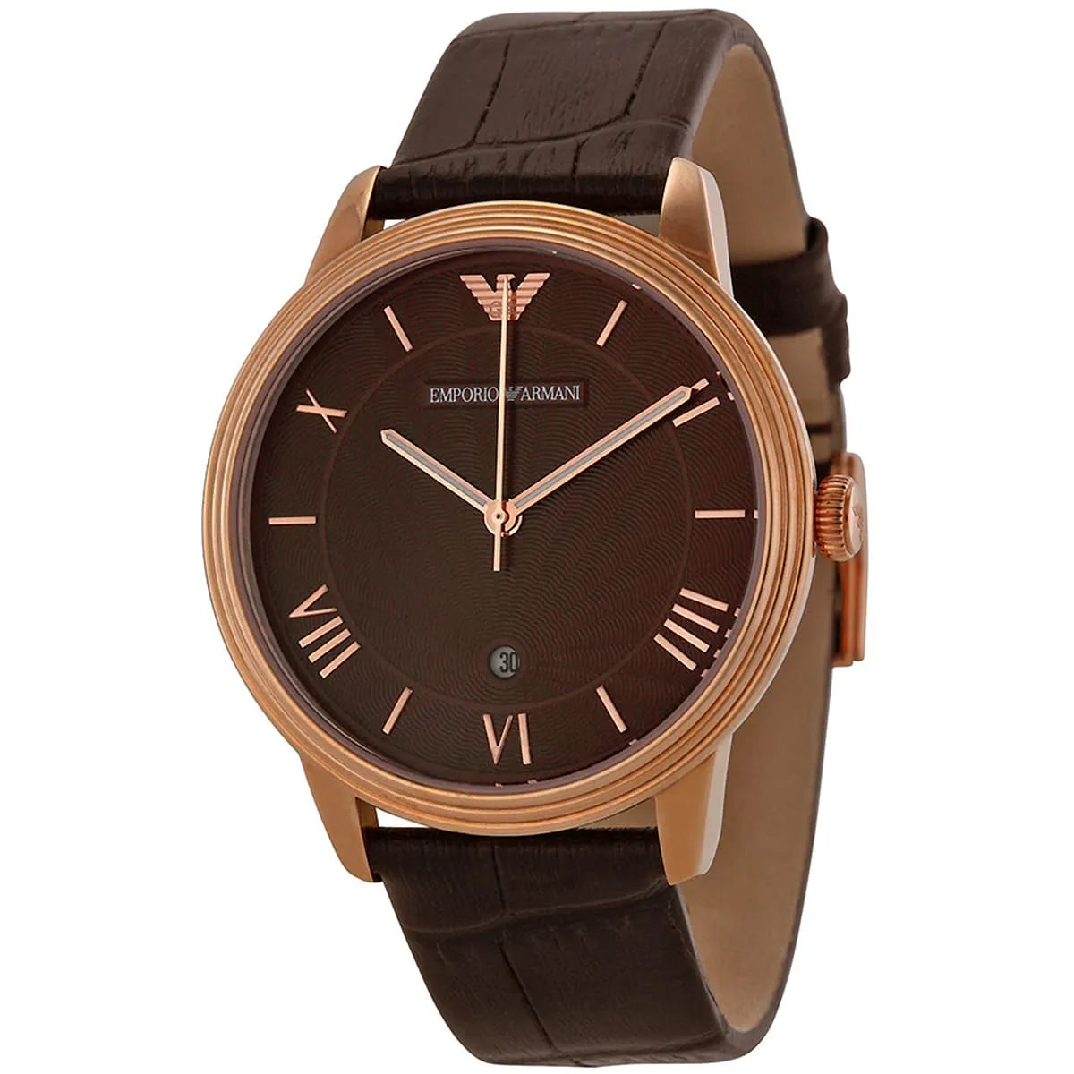 Emporio Armani AR1613 watch with brown dial, rose gold case, and brown leather strap