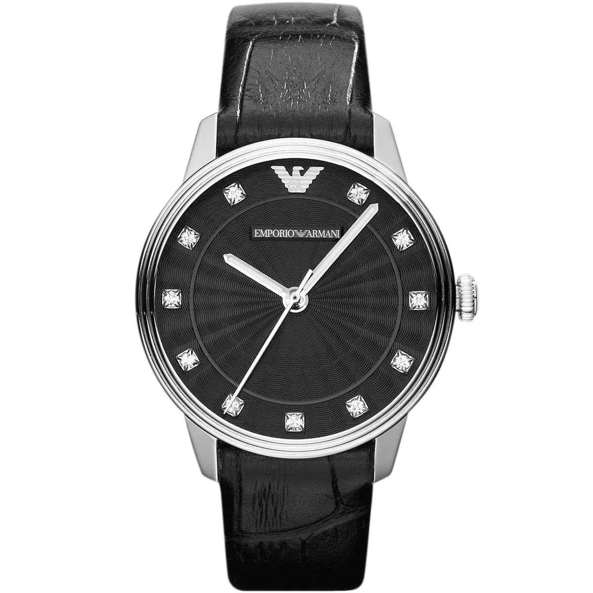 Emporio Armani Dino women's watch with black dial, diamond hour markers, silver case, and black leather strap