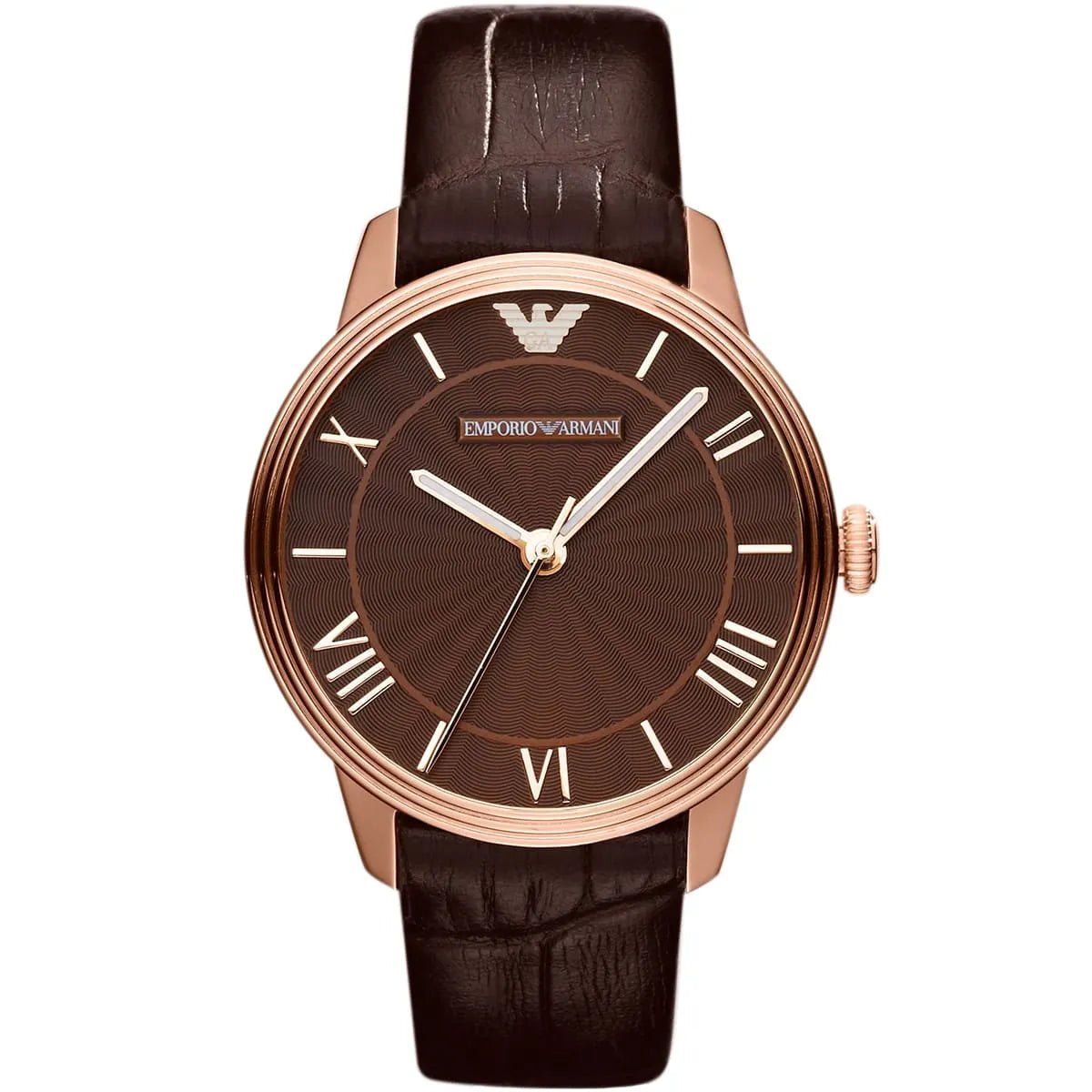 Emporio Armani AR1619 Dino ladies watch with rose gold case, brown dial with roman numerals, brown leather strap