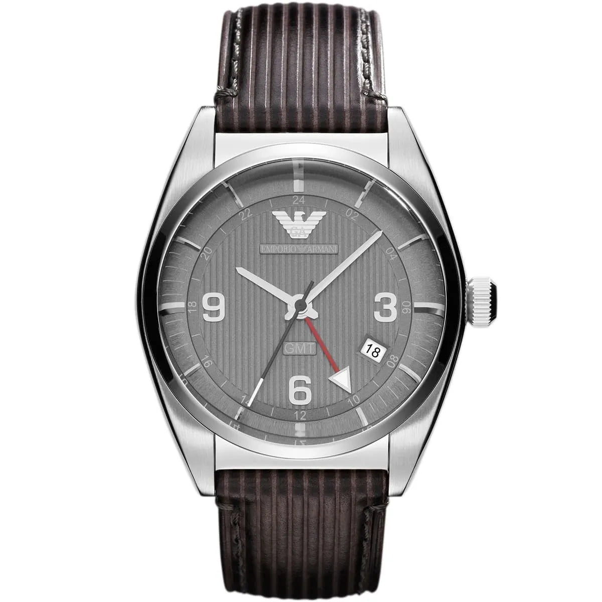 Emporio Armani AR1628 watch with textured grey dial and black leather strap