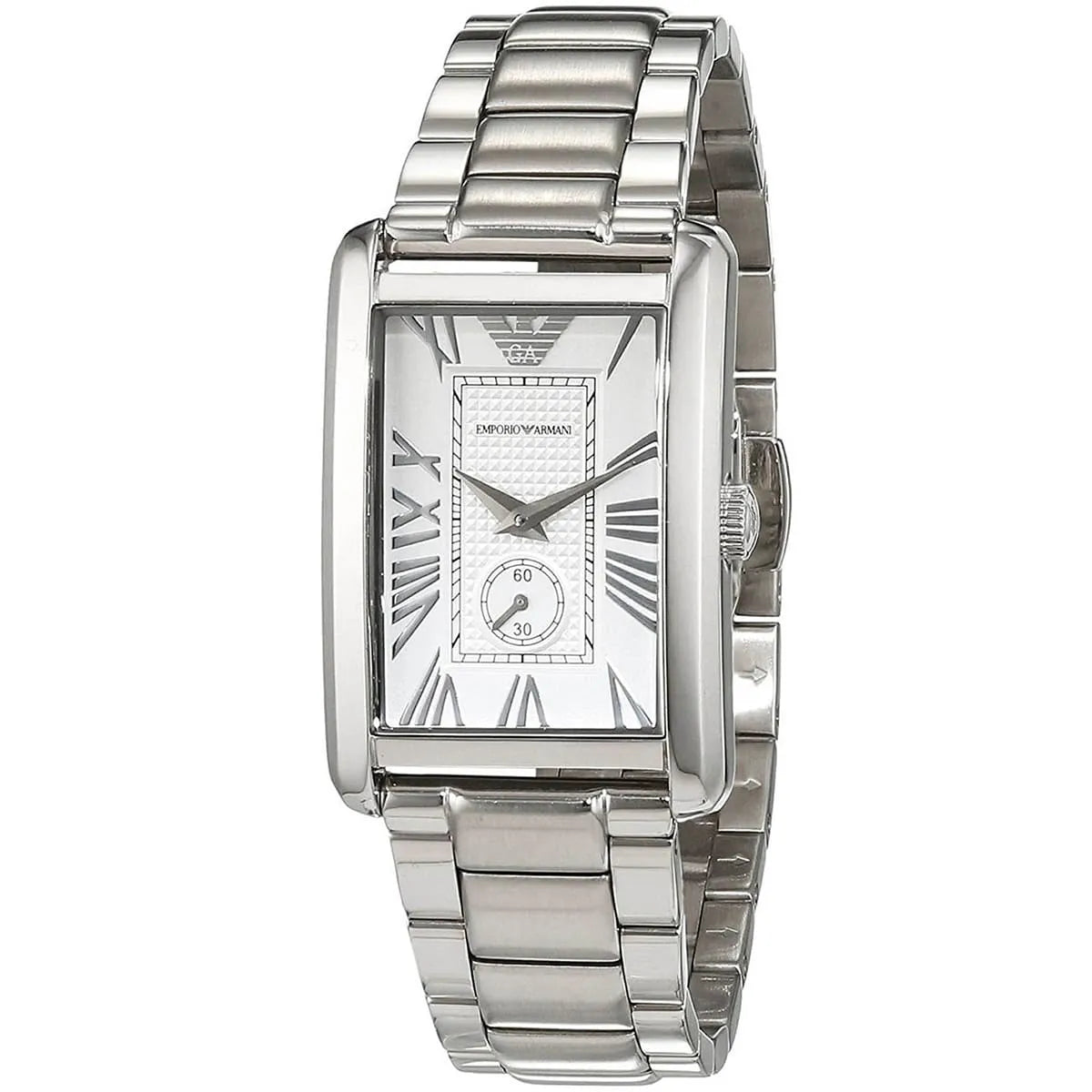Emporio Armani AR1639 dress watch angled view showing white dial with Roman numerals and silver metal band