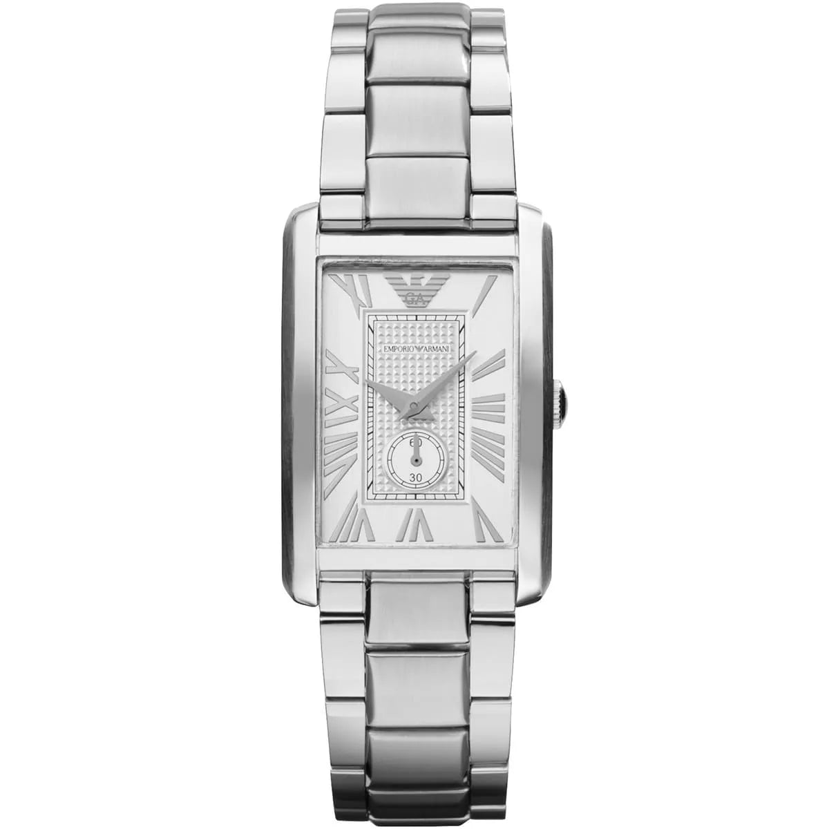 Emporio Armani AR1639 silver ladies watch with white rectangular dial and stainless steel bracelet