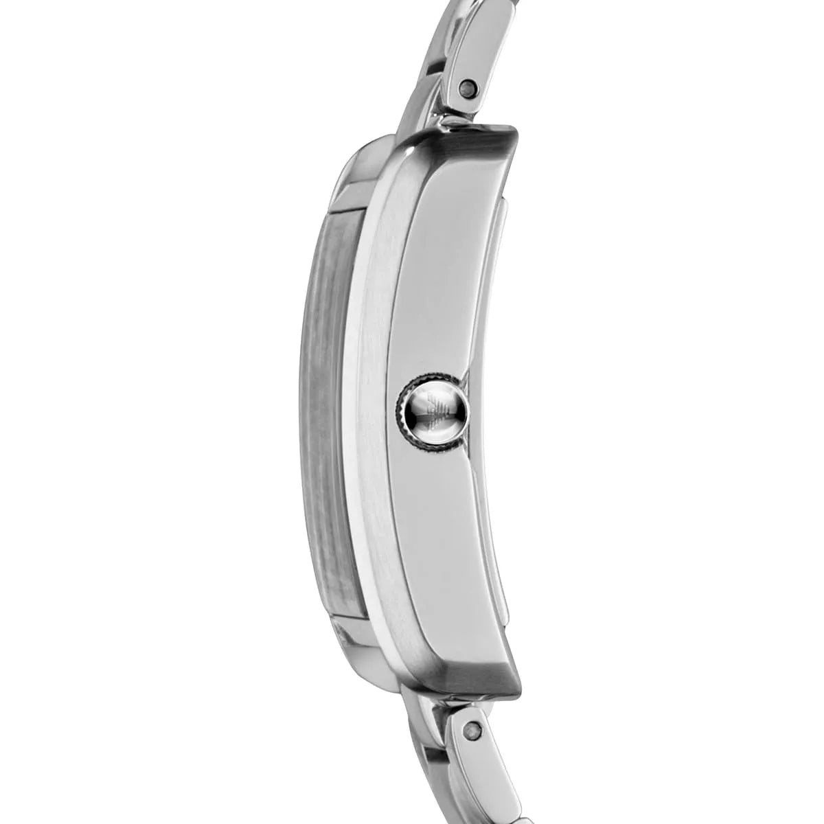 Emporio Armani AR1639 side profile showing rectangular case and silver metal bracelet thickness
