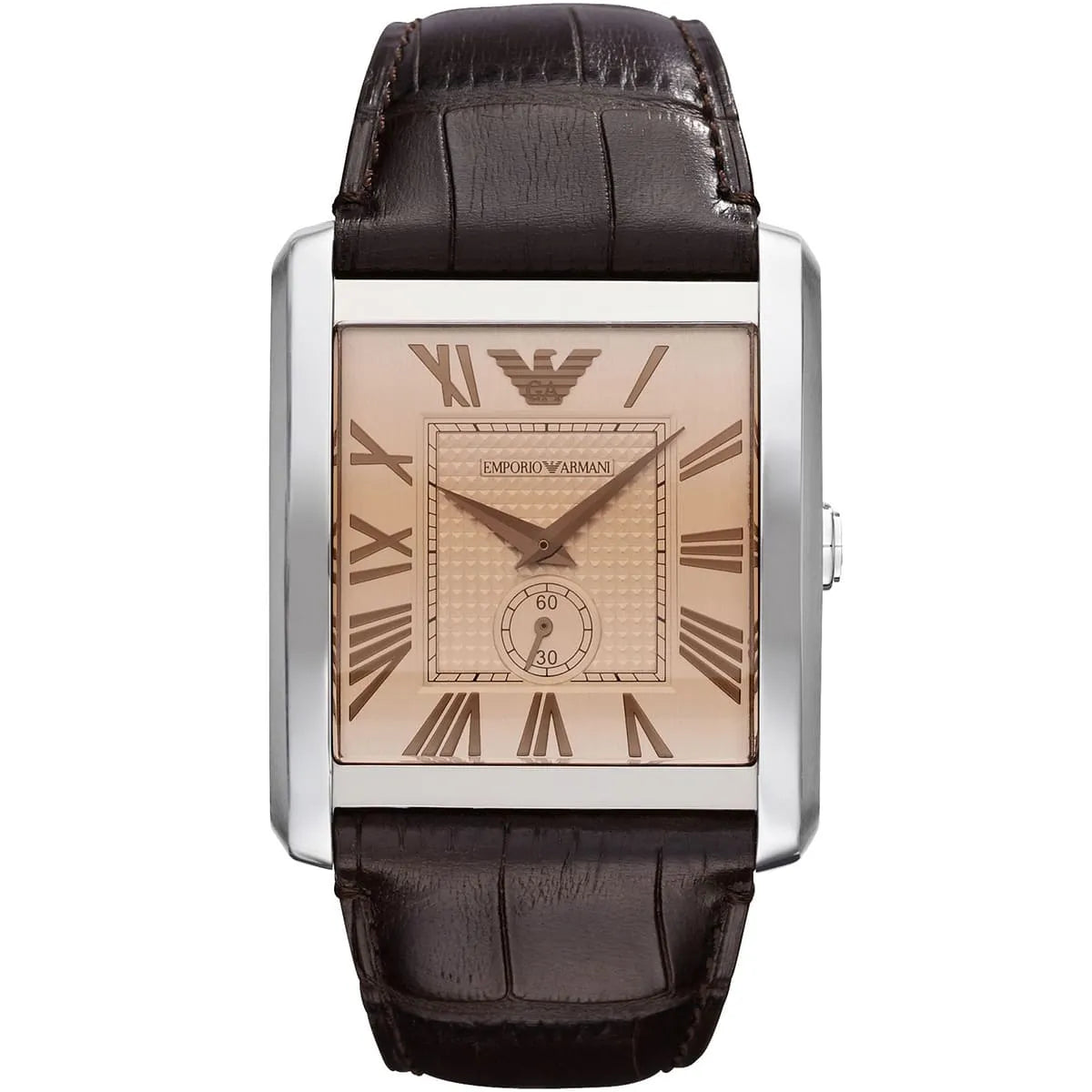 Emporio Armani Marco AR1641 watch with beige square dial, Roman numerals, brown leather strap