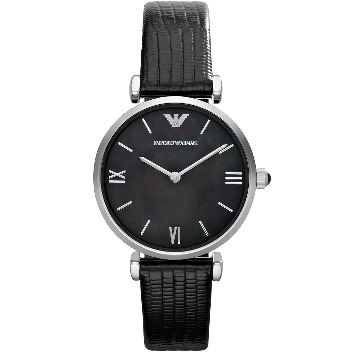 Emporio Armani Gianni T-Bar women's watch with black dial, Roman numerals, silver-tone case, and black quilted leather strap
