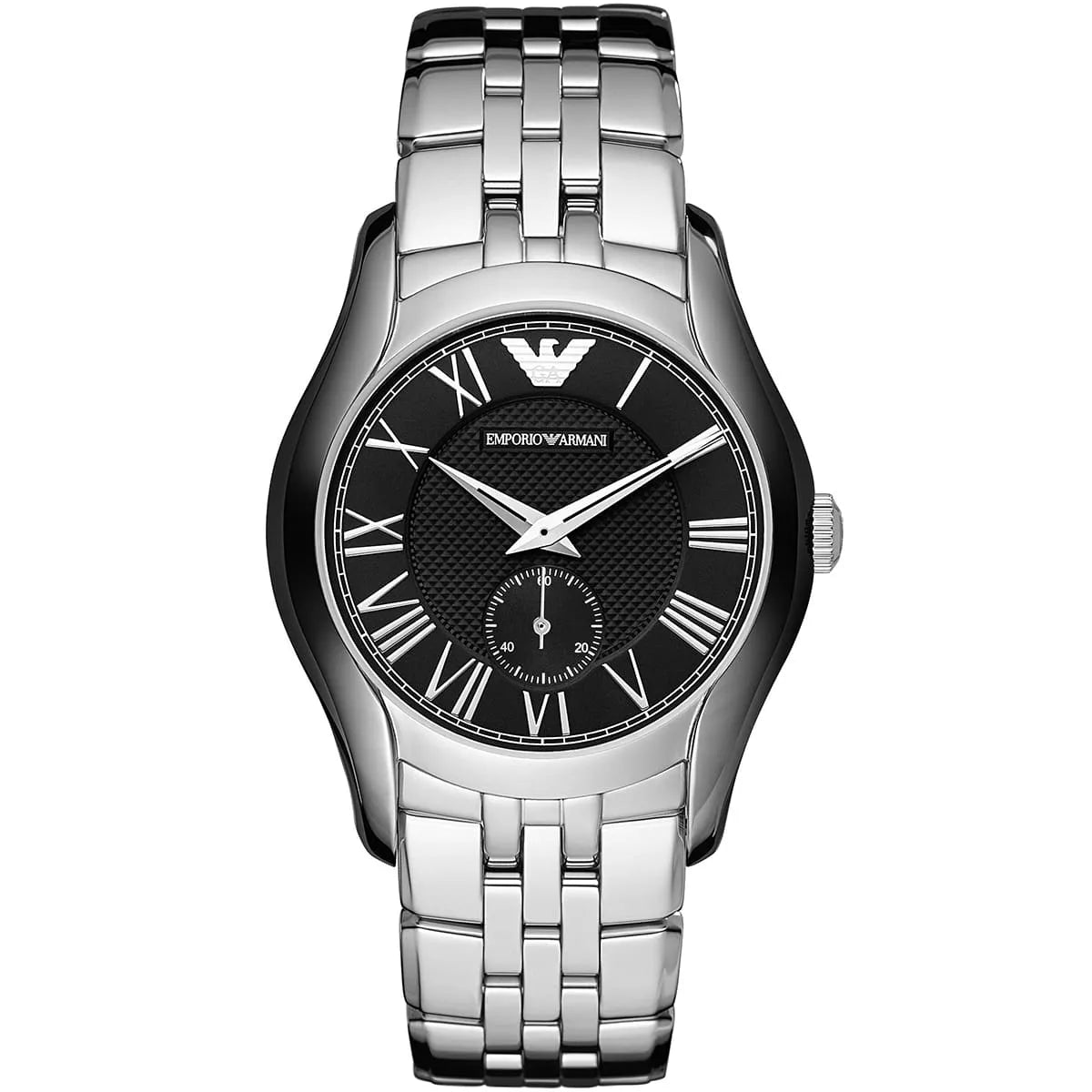 Emporio Armani AR1710 three-quarter view showing black dial and metal strap
