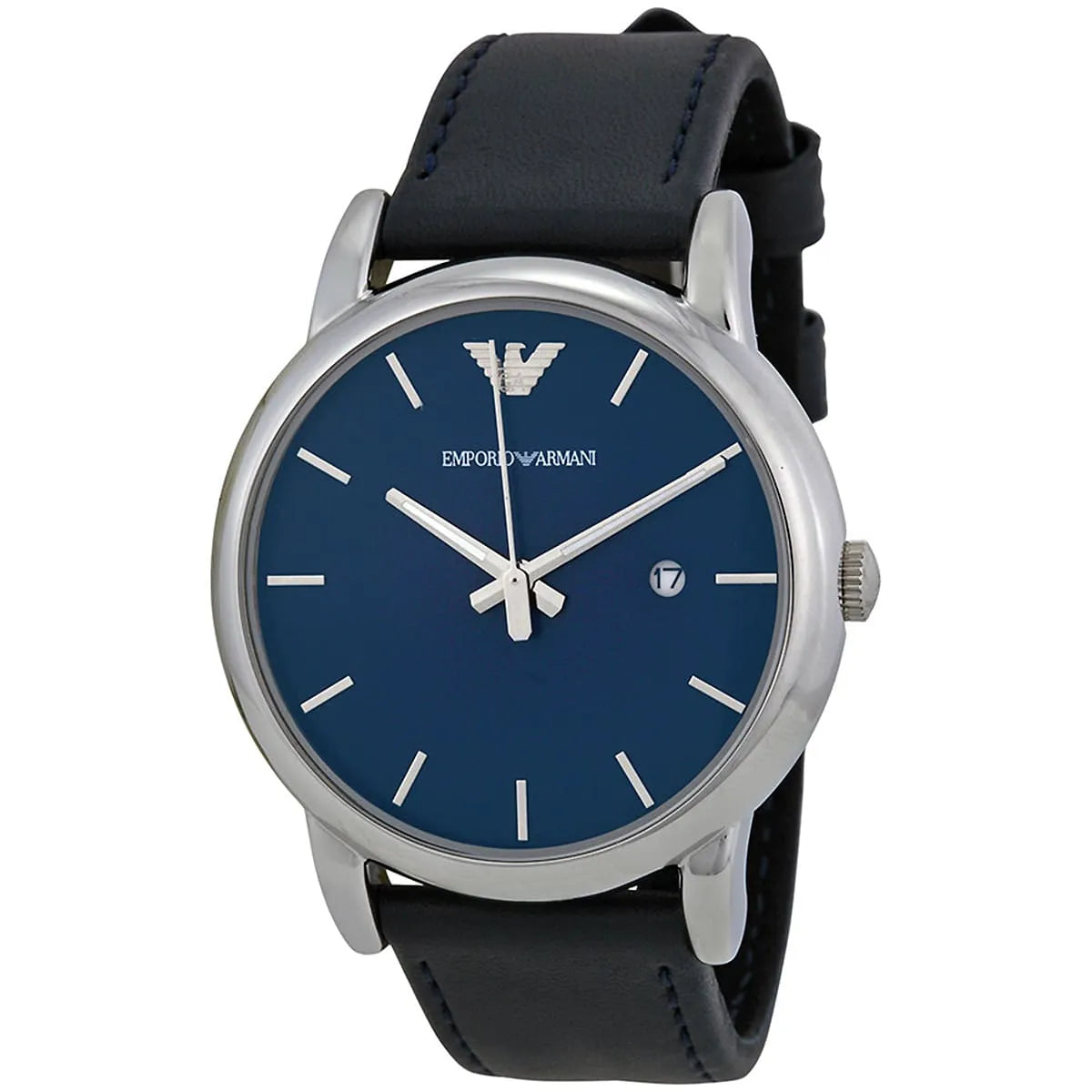 Emporio Armani Luigi AR1731 watch angled view showing blue dial and leather strap