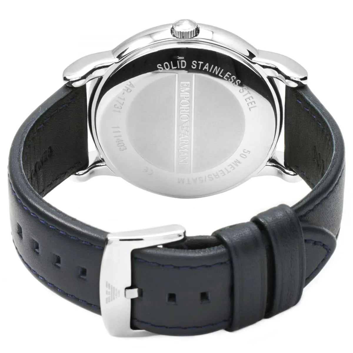 Emporio Armani Luigi AR1731 men's watch navy face with silver bezel and black leather