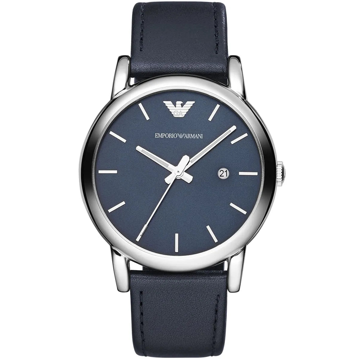 Emporio Armani Luigi AR1731 navy dial watch with silver case and black leather strap