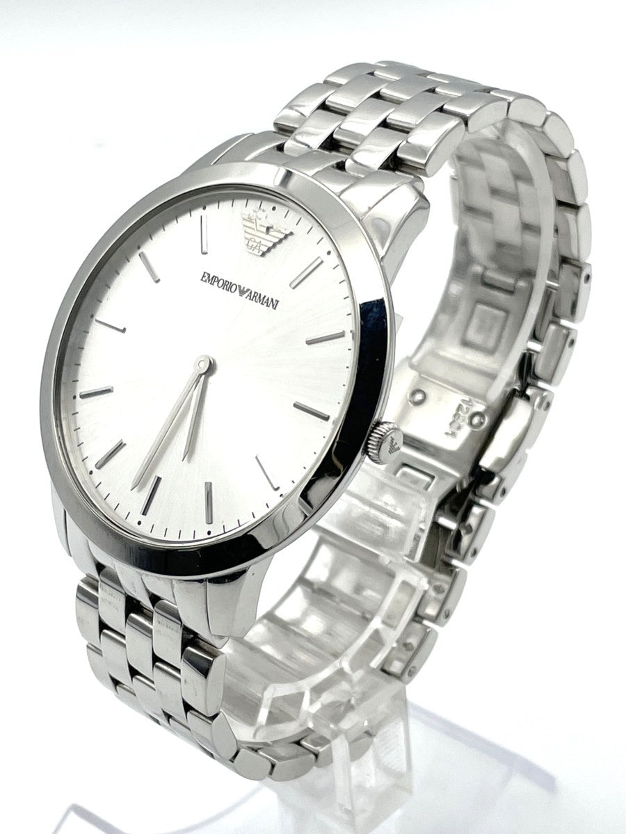 Emporio Armani AR1745 watch shown at angle with silver steel bracelet