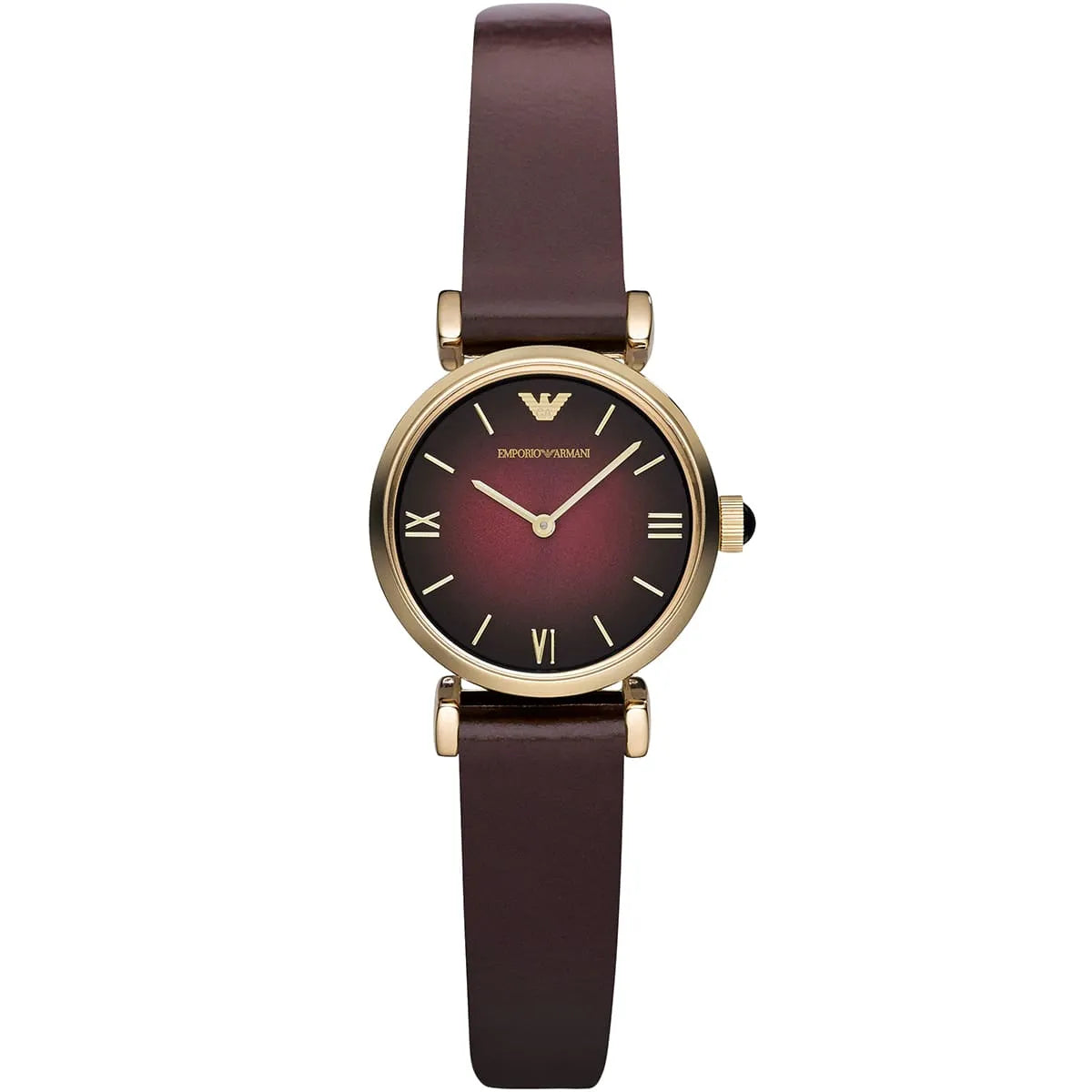 Emporio Armani AR1758 women's watch with burgundy dial, gold-tone case, and brown leather strap