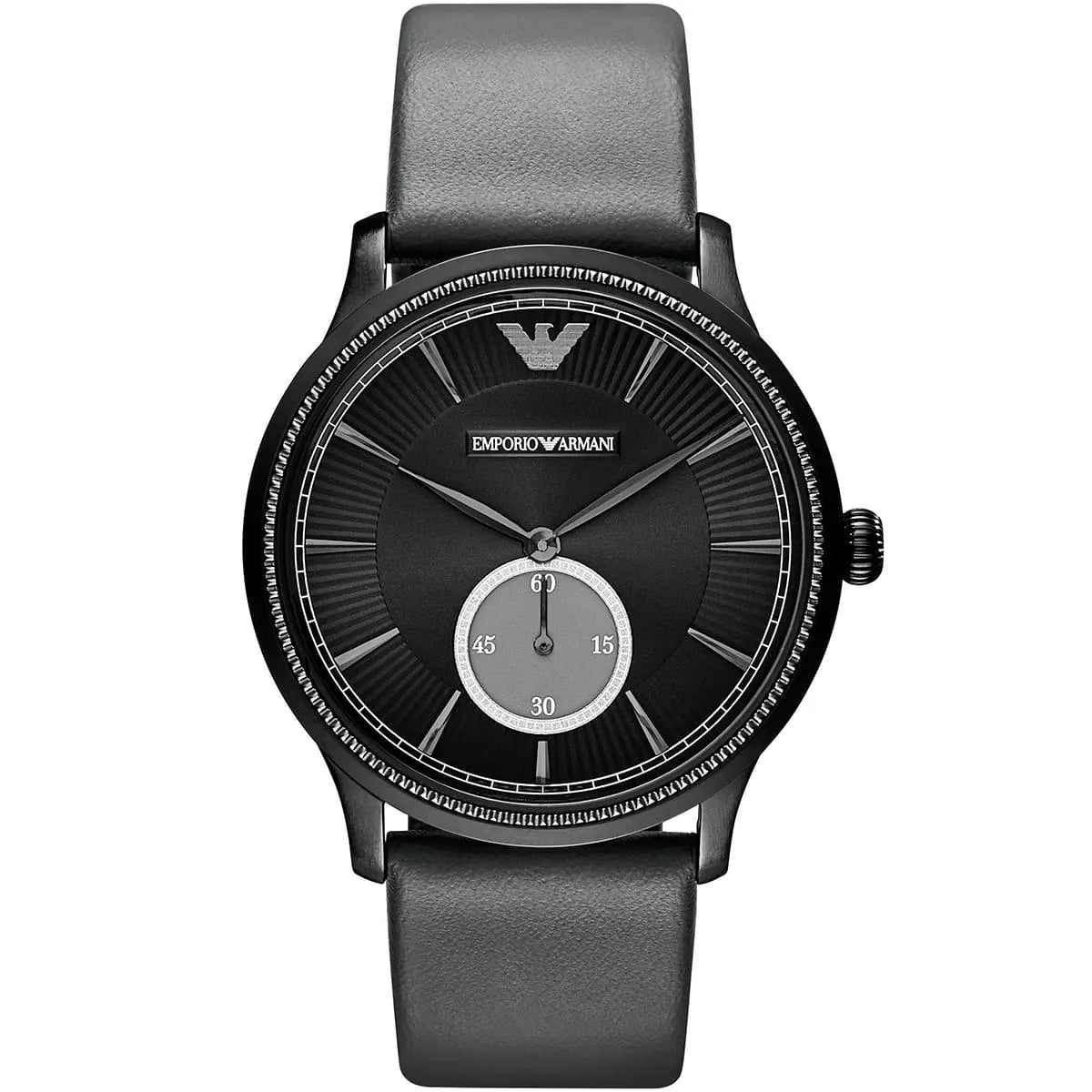 Emporio Armani Renato AR1800 men's watch with black dial, subdial, and grey leather strap