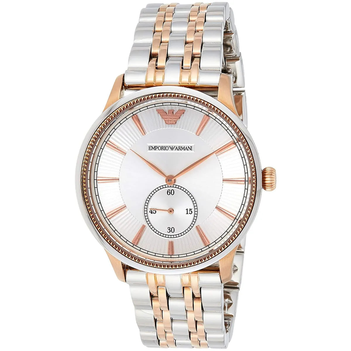 AR1839 Emporio Armani watch angled view showing silver dial and two-tone bracelet