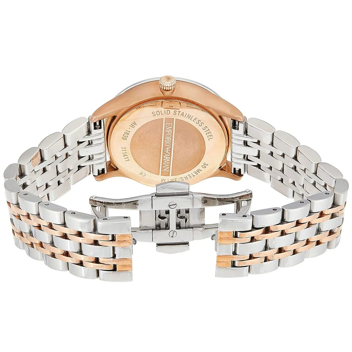 AR1839 Emporio Armani caseback showing rose gold stainless steel back plate