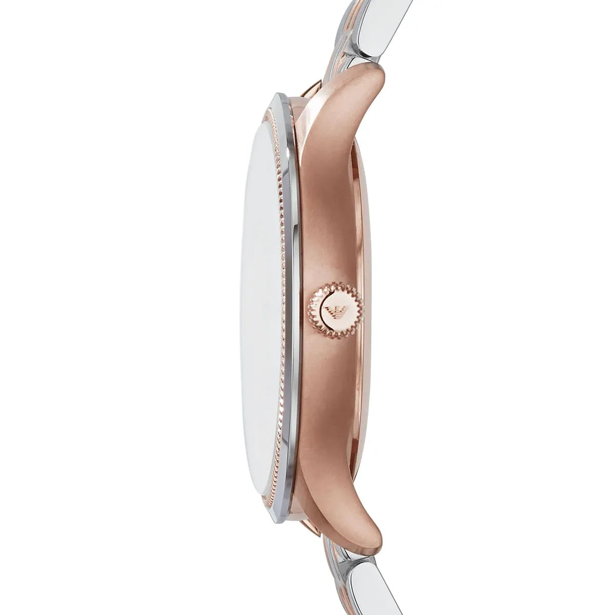 Side view of AR1839 watch case showing rose gold and silver stainless steel