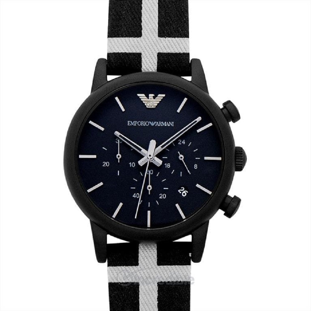 Emporio Armani Luigi AR1860 chronograph watch with black dial and white striped black canvas strap