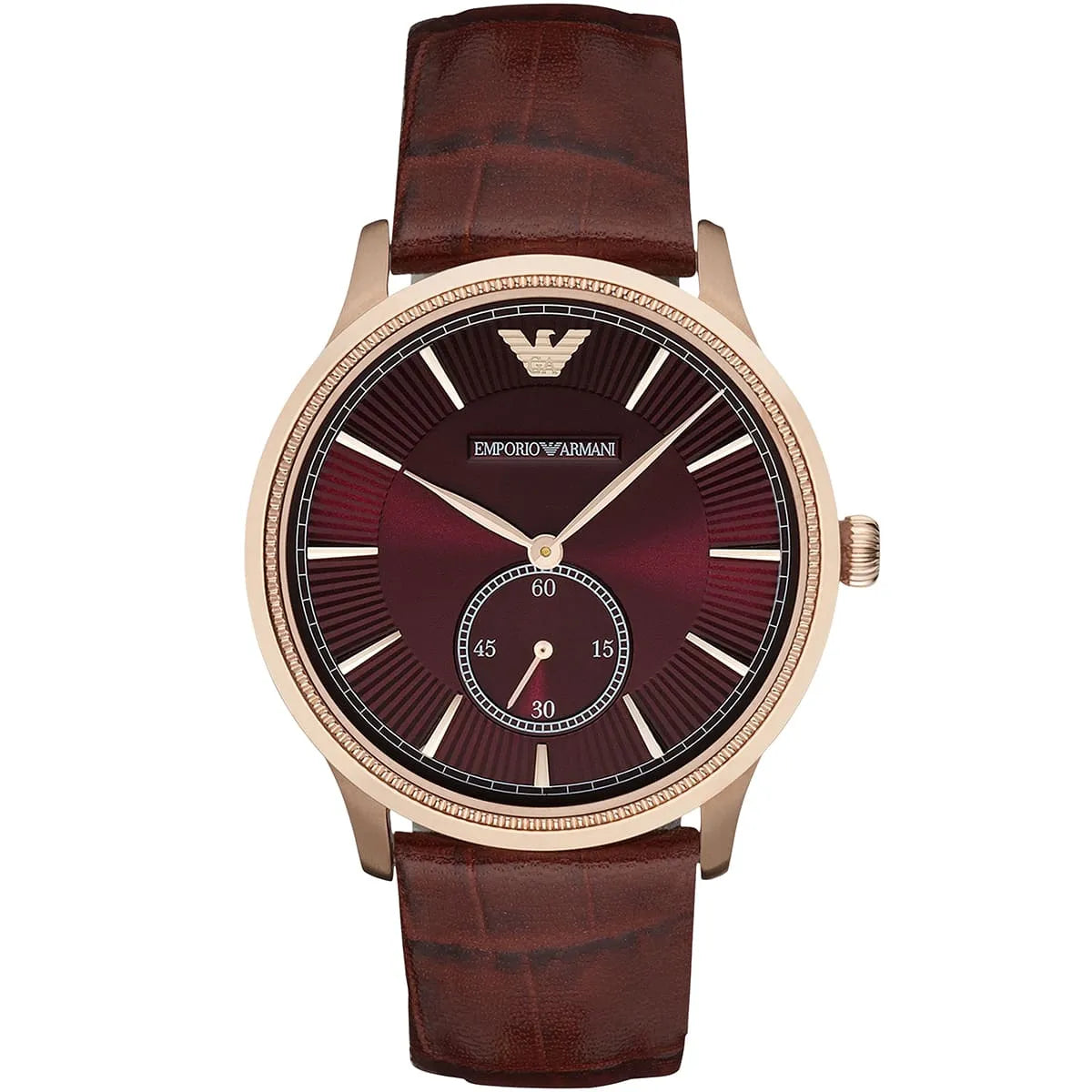 Emporio Armani AR1887 women's watch with red dial, rose gold case, and brown leather strap