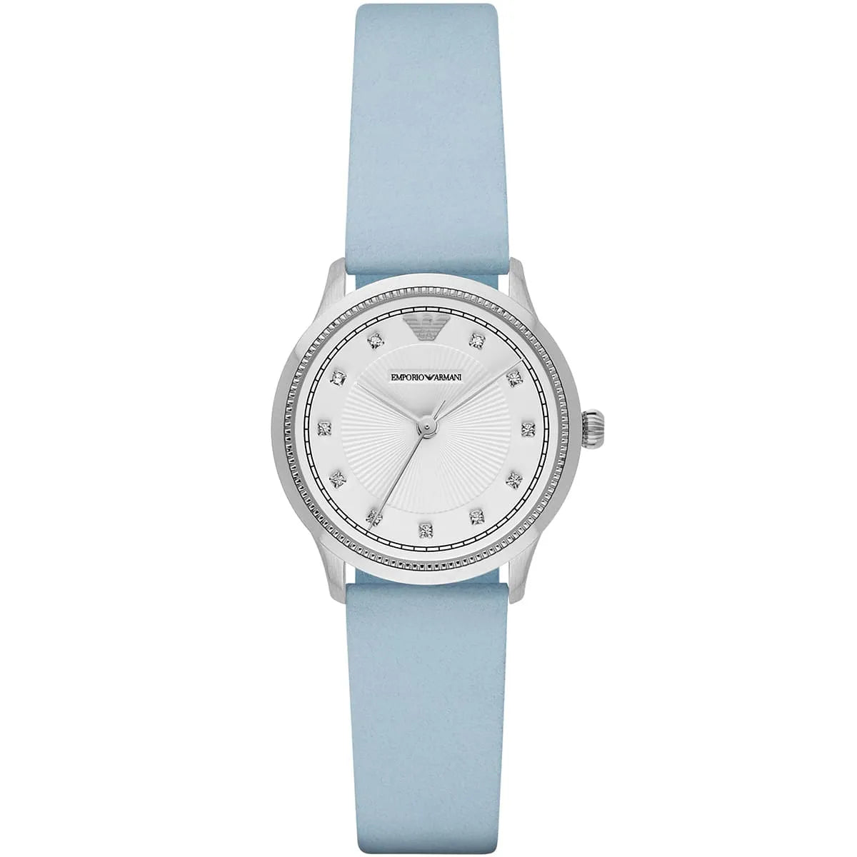 Emporio Armani AR1914 women's watch with white dial, crystal markers, and blue leather strap