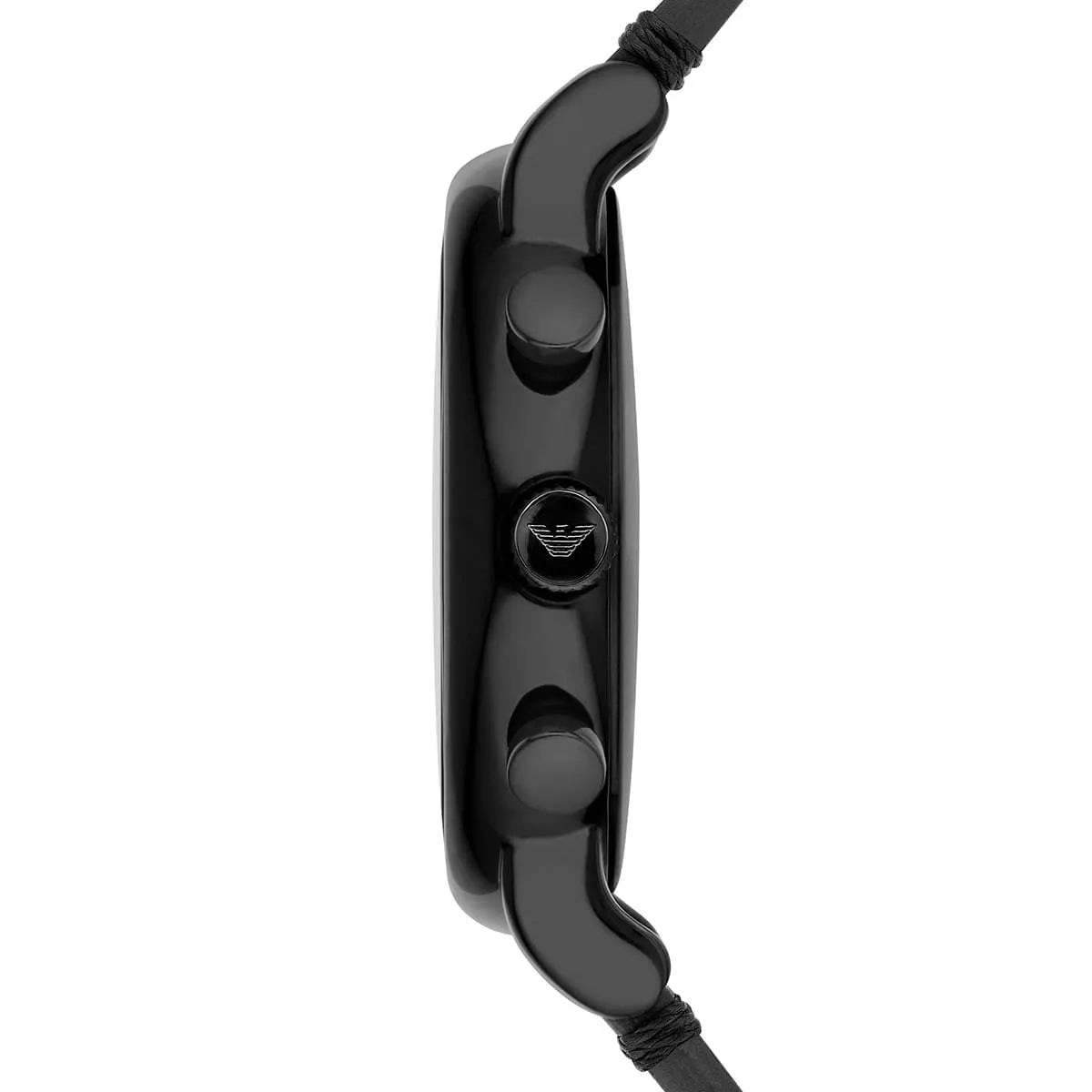 Emporio Armani AR1918 watch side view with black case and leather strap detail