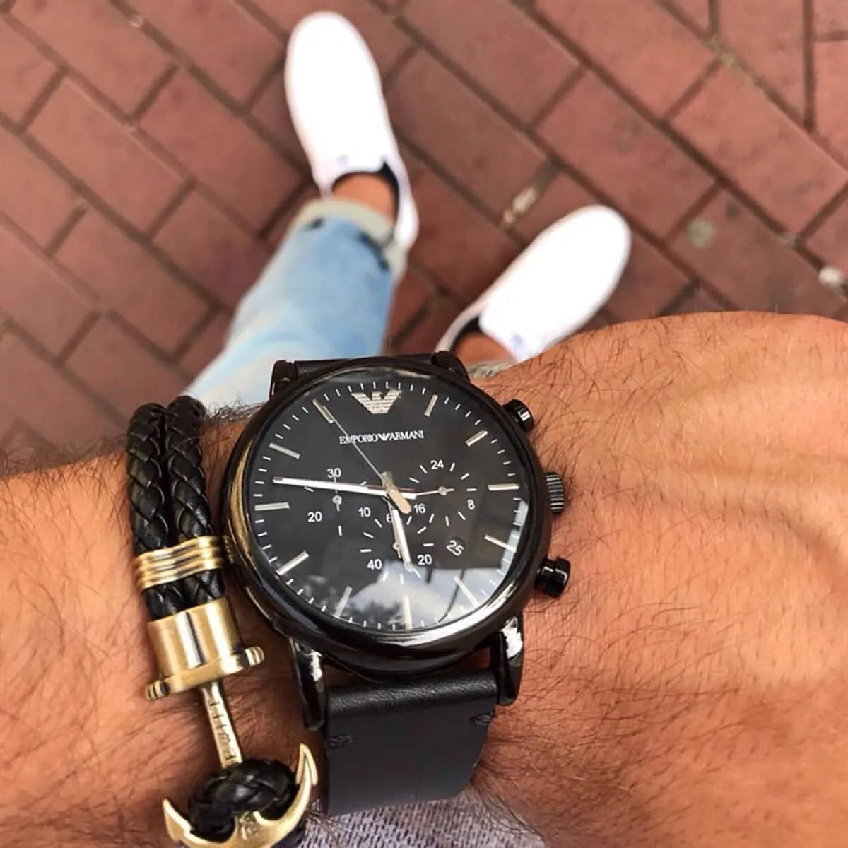 Emporio Armani AR1918 watch on wrist styled with casual outfit and accessories