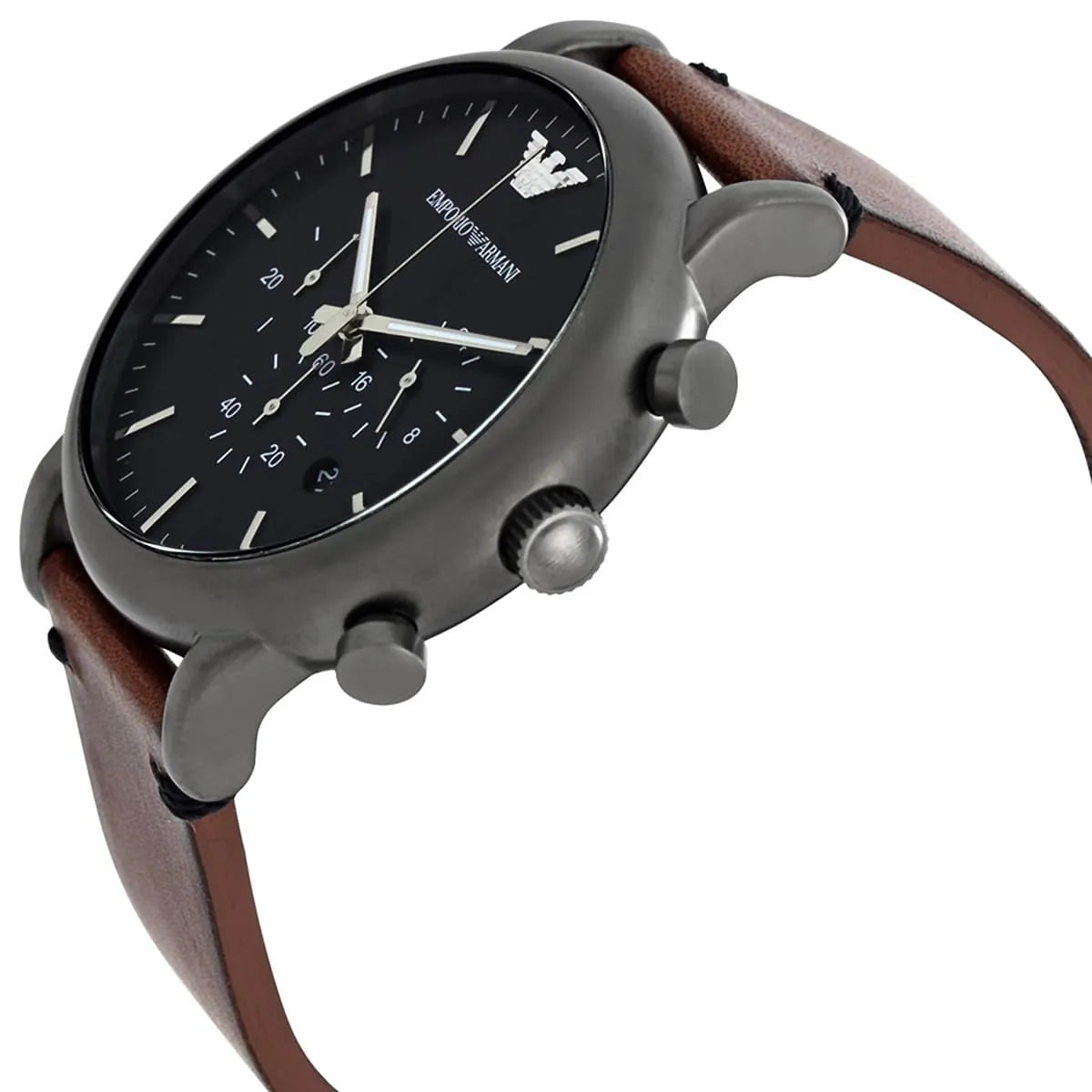 Angled side view of Emporio Armani AR1919 chronograph with brown leather strap