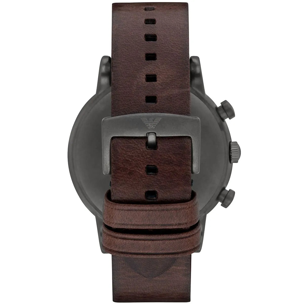 Caseback view of Emporio Armani AR1919 watch showing brown leather strap