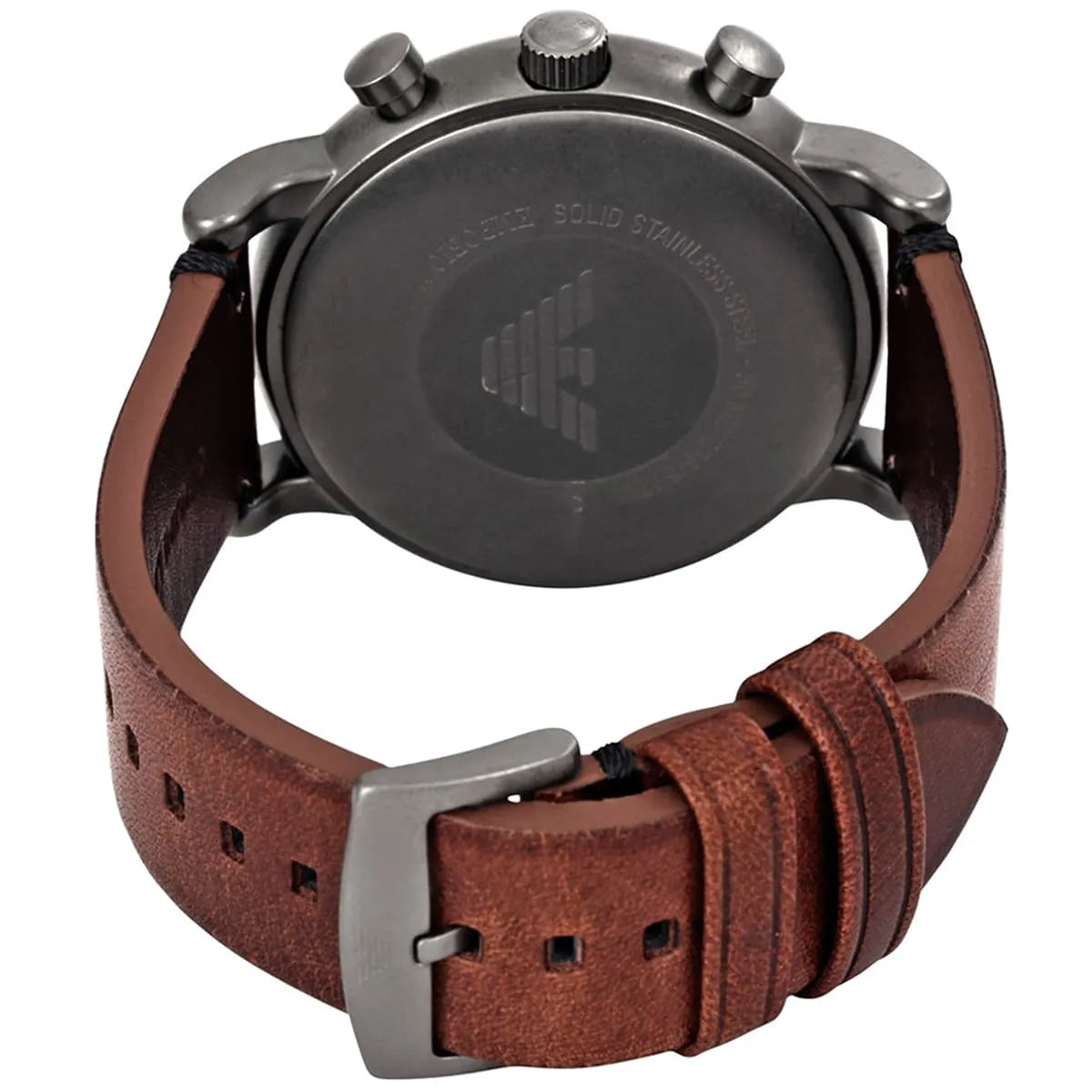 Brown leather strap and buckle detail of Emporio Armani AR1919 watch