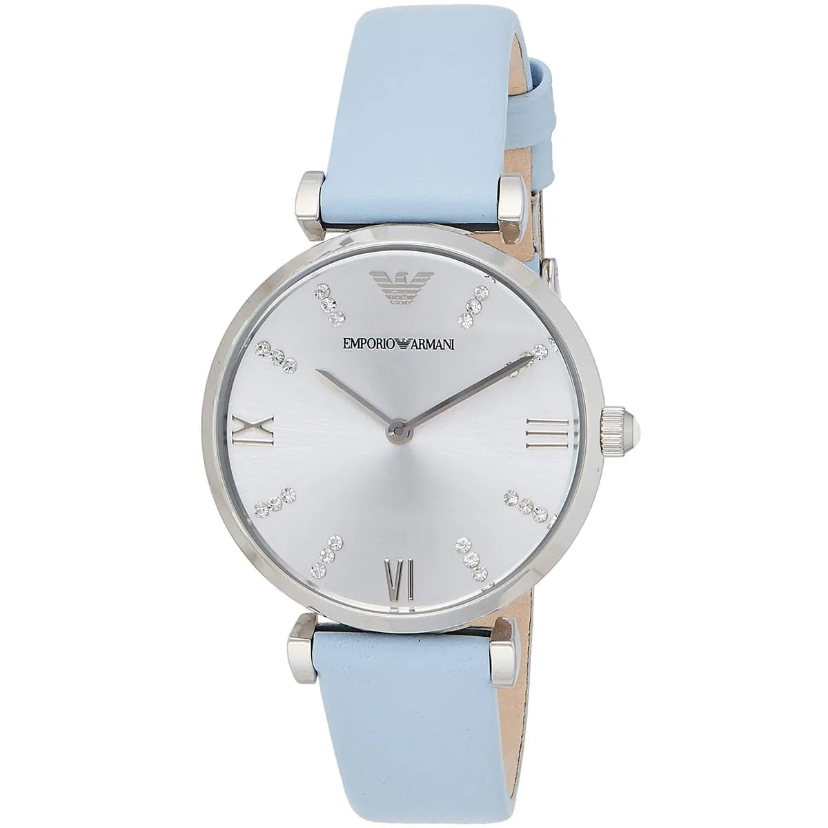 Side angle view of Emporio Armani Gianni T-Bar watch with white dial and blue leather strap
