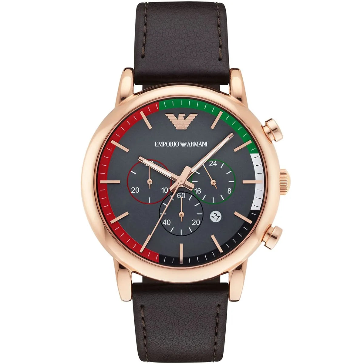 Emporio Armani AR1931 gold-plated chronograph watch with black dial and brown leather strap