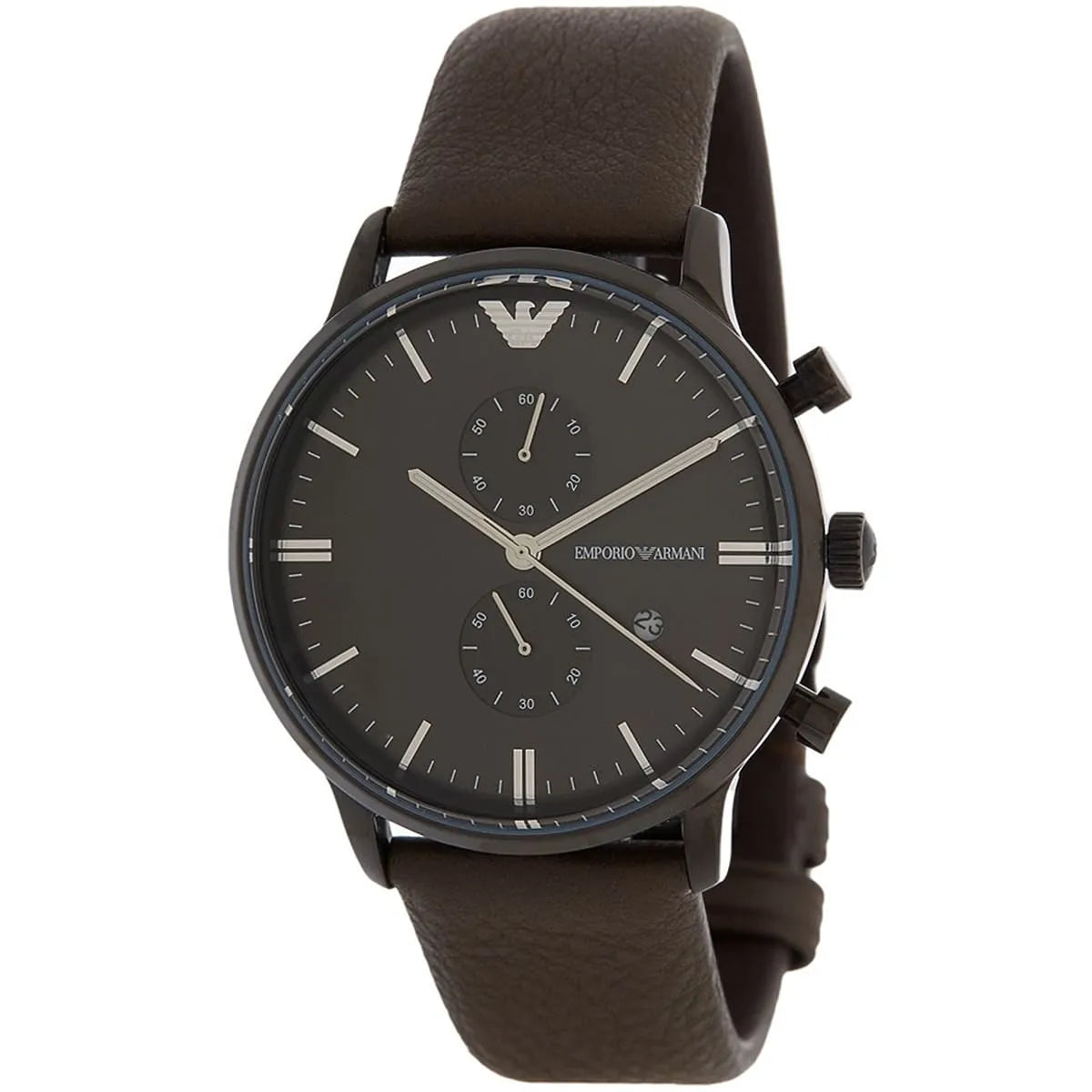 AR1932 watch angled view showing chronograph subdials and leather strap detail