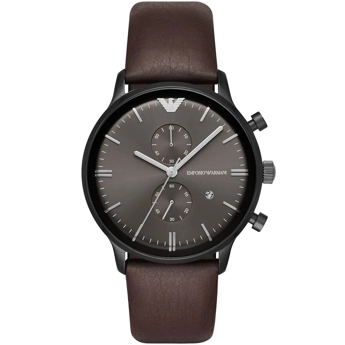 Emporio Armani AR1932 chronograph watch with gunmetal dial and brown leather strap