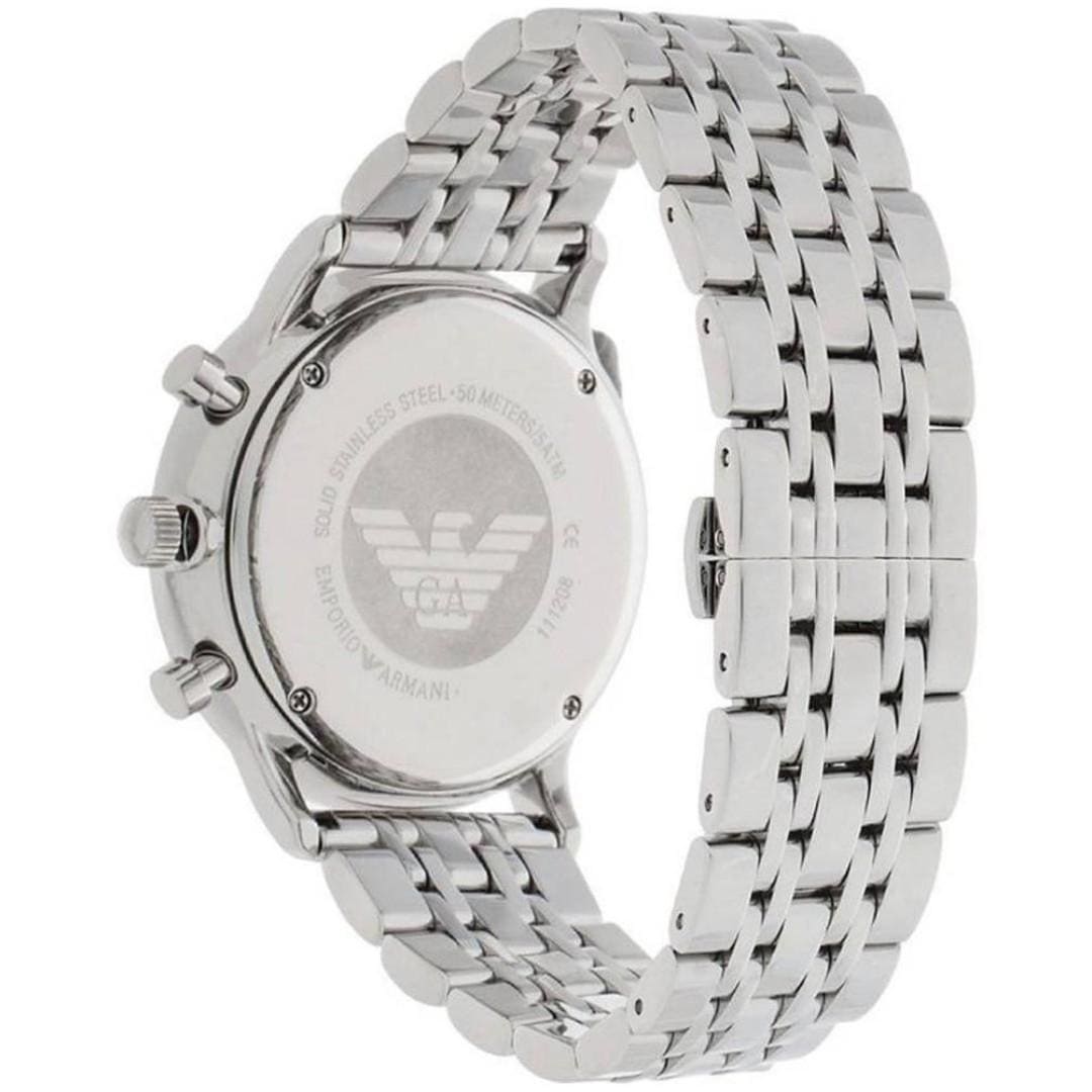 Emporio Armani AR1933 caseback showing eagle logo engraving on stainless steel with bracelet