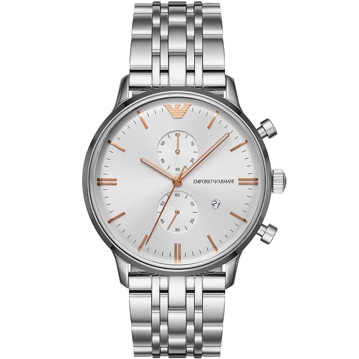 Emporio Armani AR1933 chronograph watch with silver steel case, white dial, rose gold indices, and steel bracelet