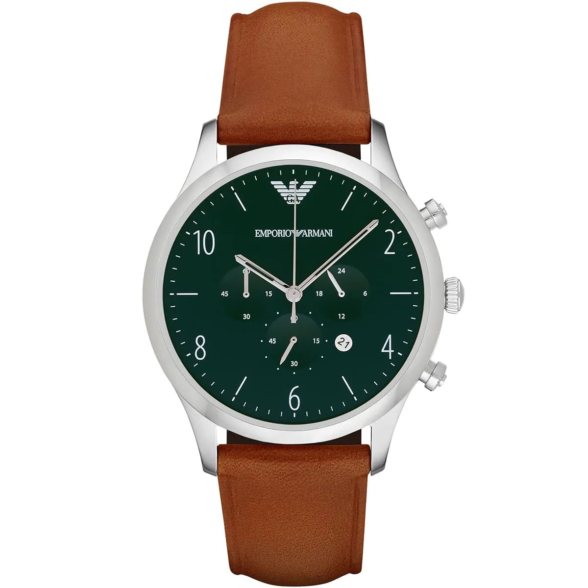 Emporio Armani Gianni T-Bar men's watch with black dial, chronograph subdials, and brown leather strap
