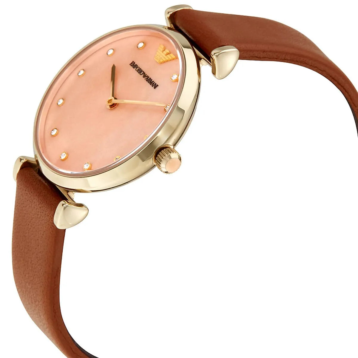 Emporio Armani Gianni T Bar watch angled view with pink mother of pearl dial and gold-tone case