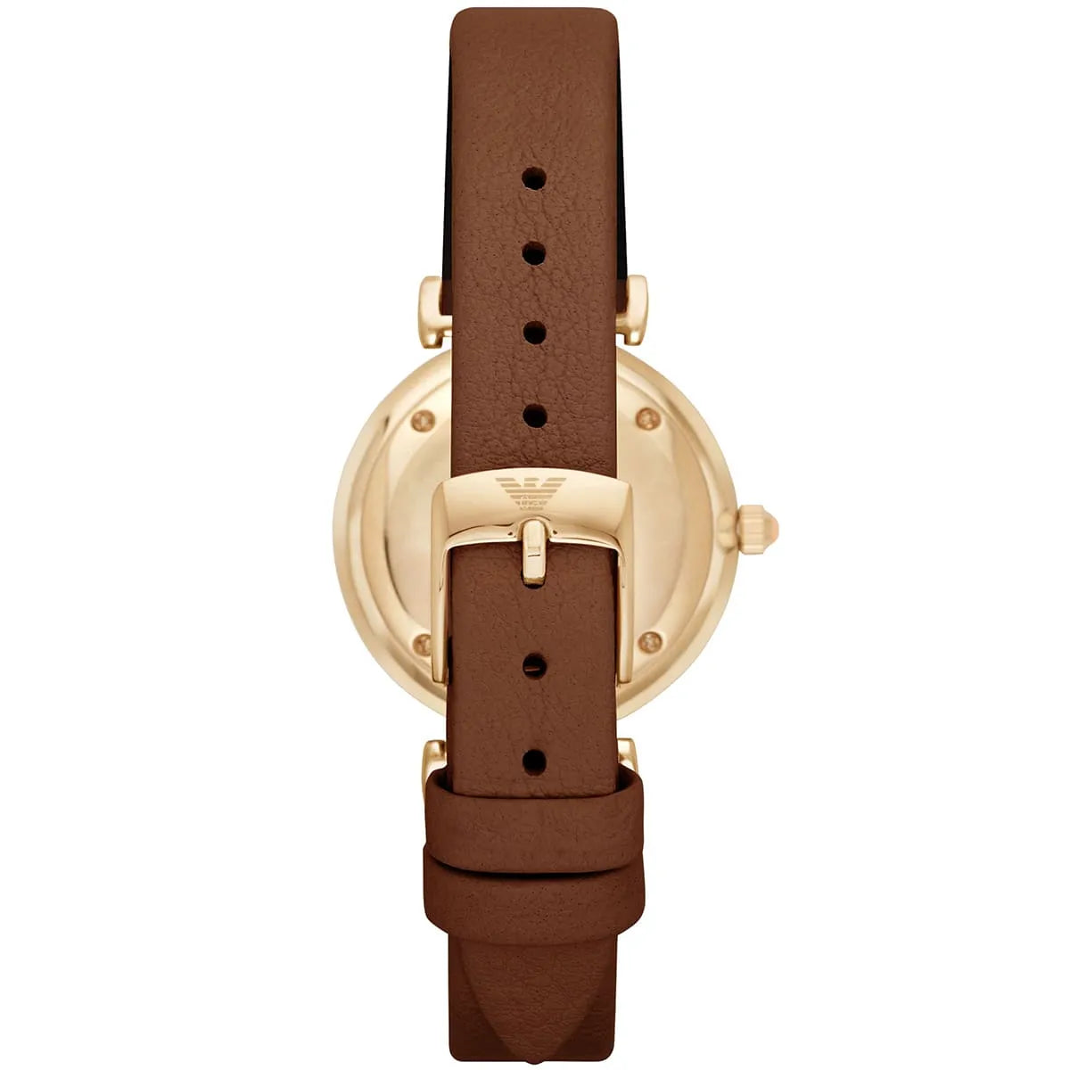 Emporio Armani Gianni T Bar watch caseback showing gold-tone case and brown leather strap