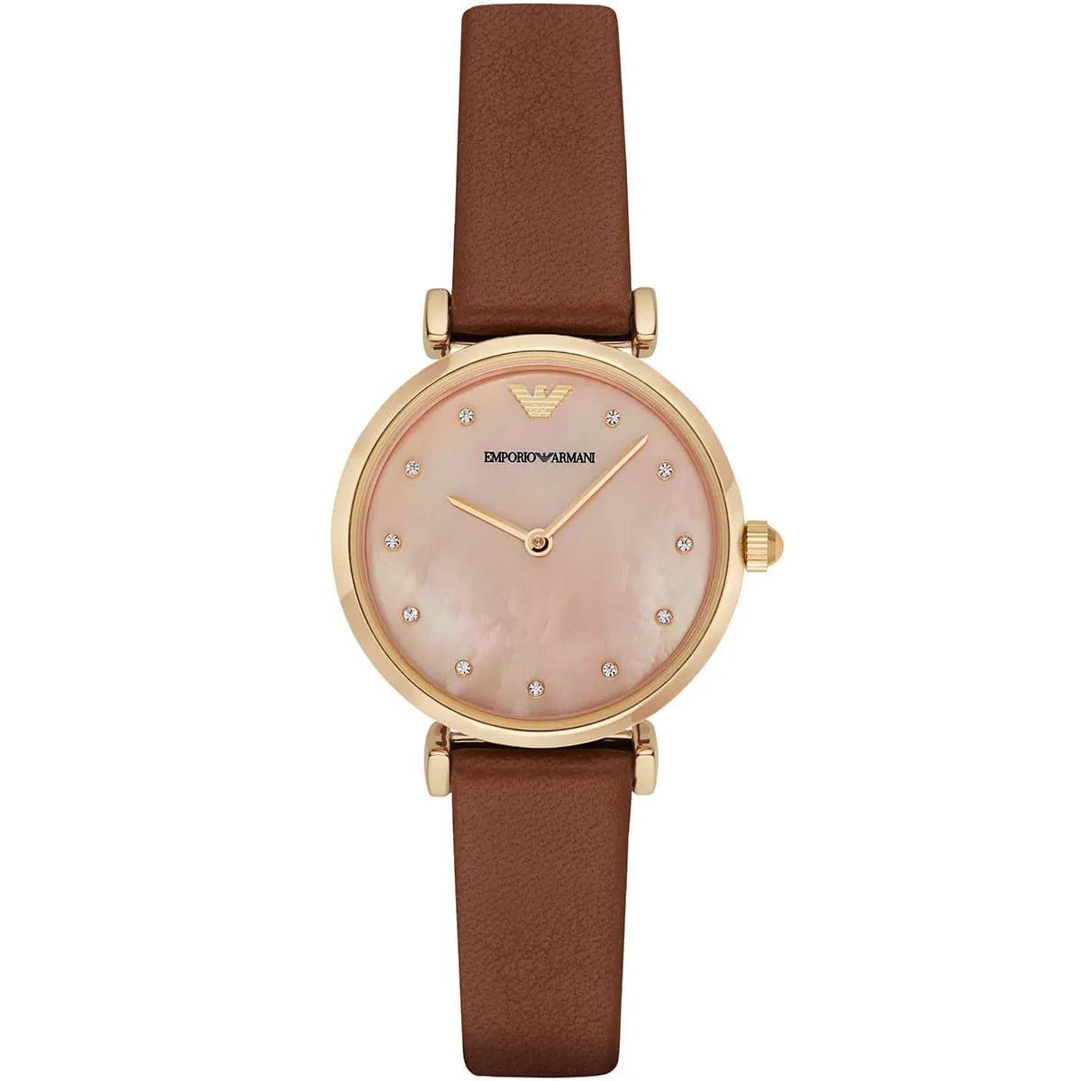 Emporio Armani Gianni T Bar watch front view with diamond indices on pink mother of pearl dial