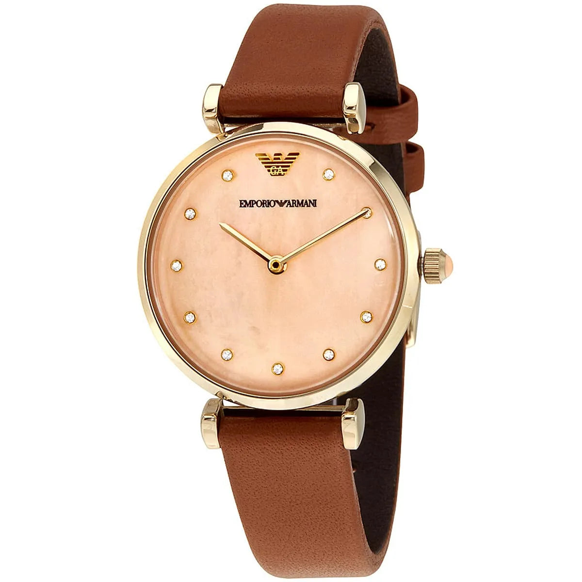 Emporio Armani Gianni T Bar women's watch with pink mother of pearl dial and brown leather strap