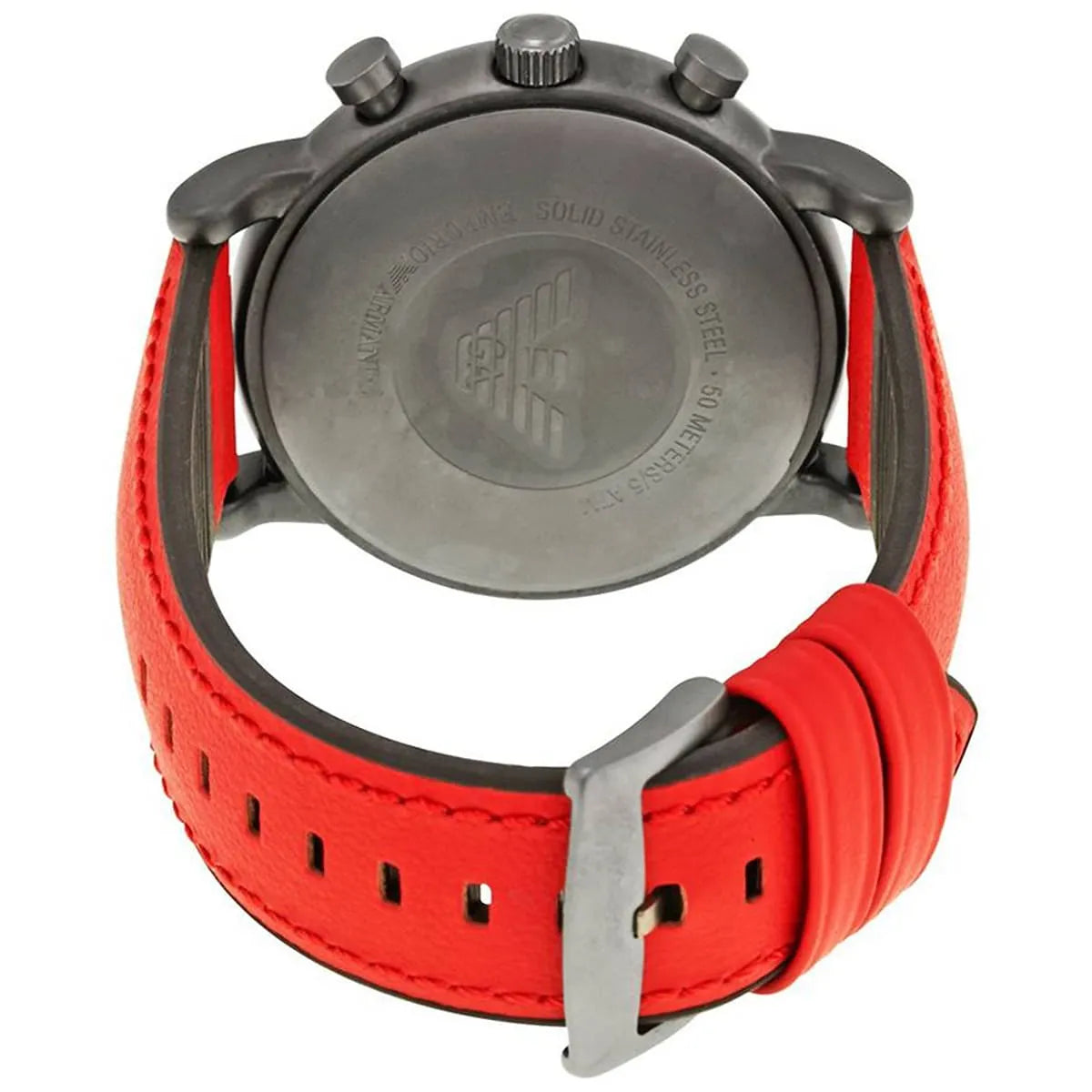 Emporio Armani Luigi chronograph watch caseback with Emporio Armani eagle logo and red strap