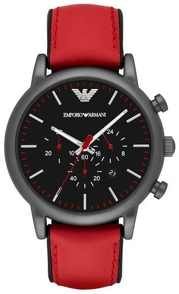 Emporio Armani Luigi chronograph watch with black dial and red leather strap