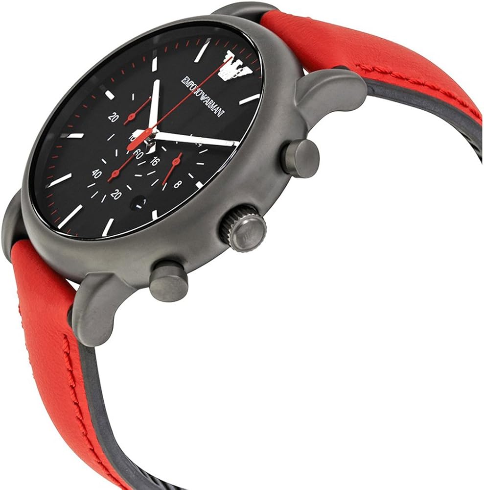Emporio Armani Luigi chronograph watch on wrist showing side profile and red leather strap