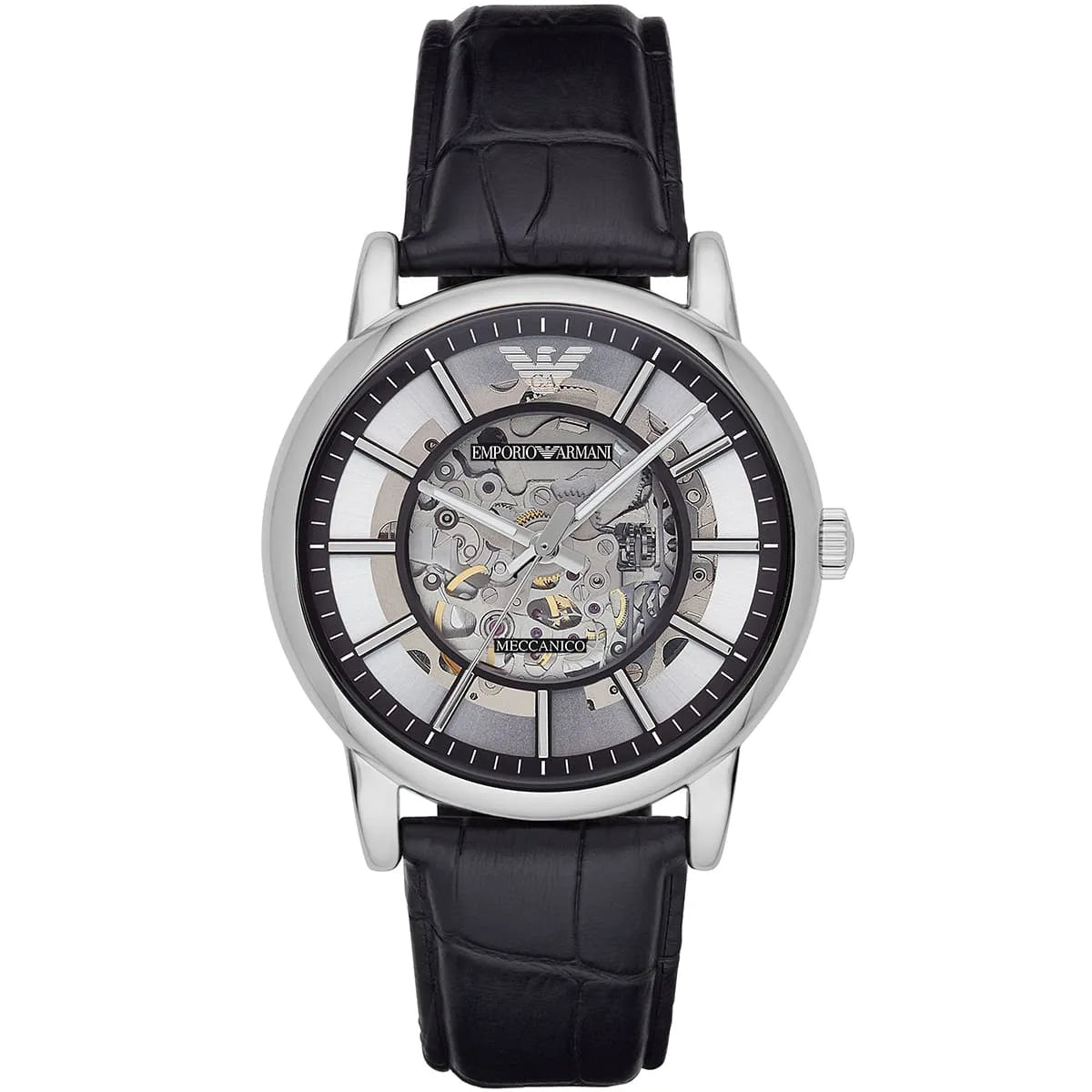 Emporio Armani Luigi Skeleton Automatic Black Genuine Leather Men's Watch - AR1981
