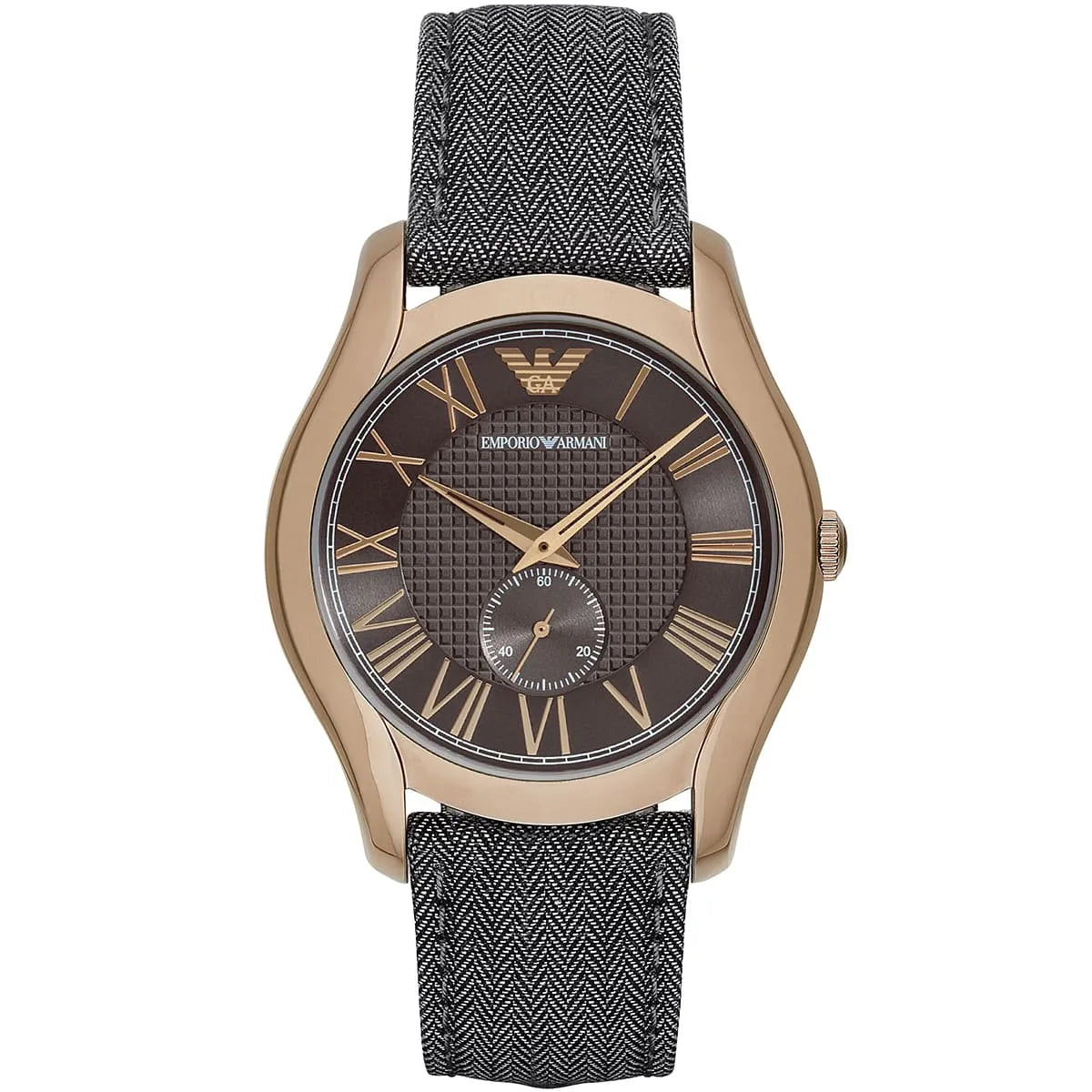 Emporio Armani AR1985 men's watch with brown dial, Roman numerals, and gray fabric strap