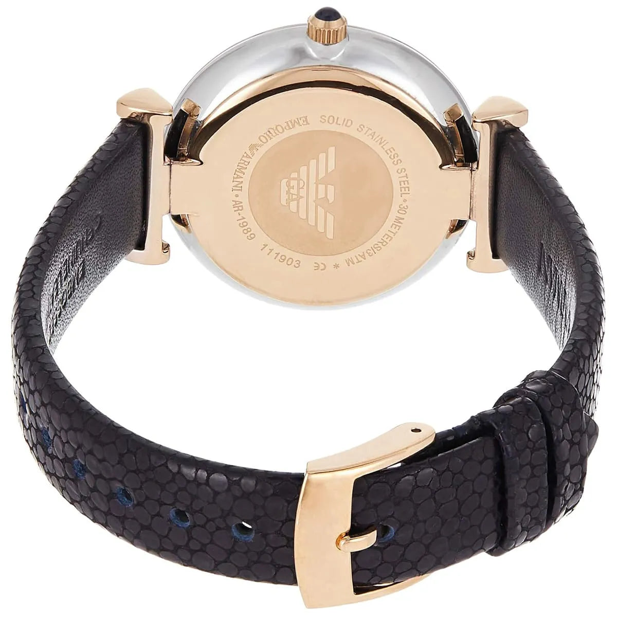 Emporio Armani AR1989 watch case profile showing silver finish and rose gold components
