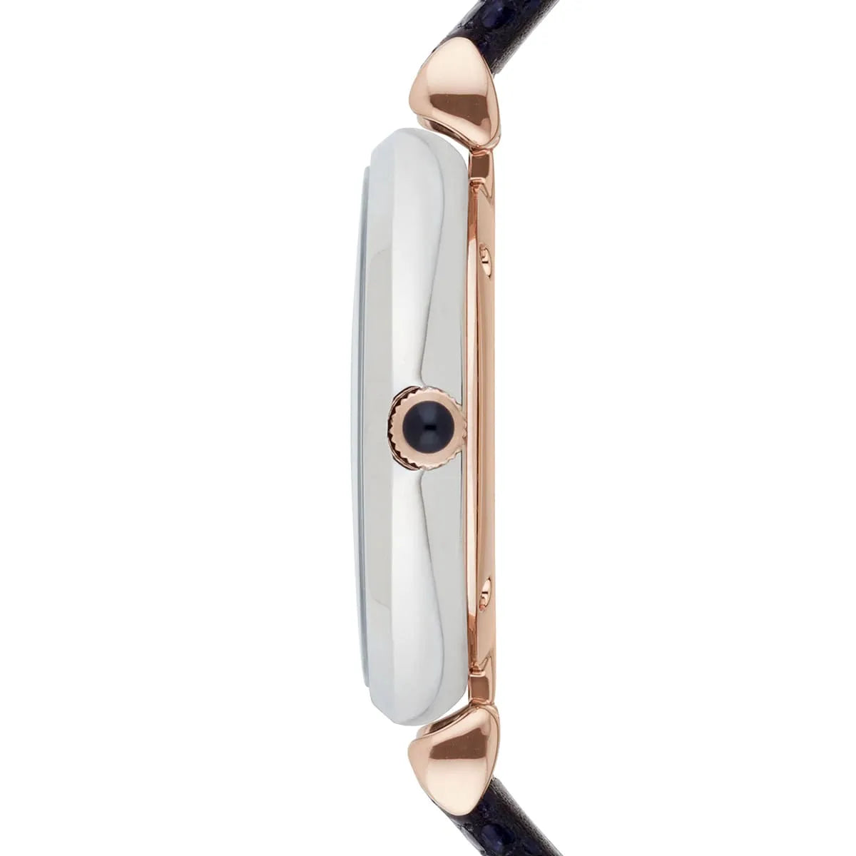 Emporio Armani AR1989 women's watch side view showing case thickness and rose gold crown detail