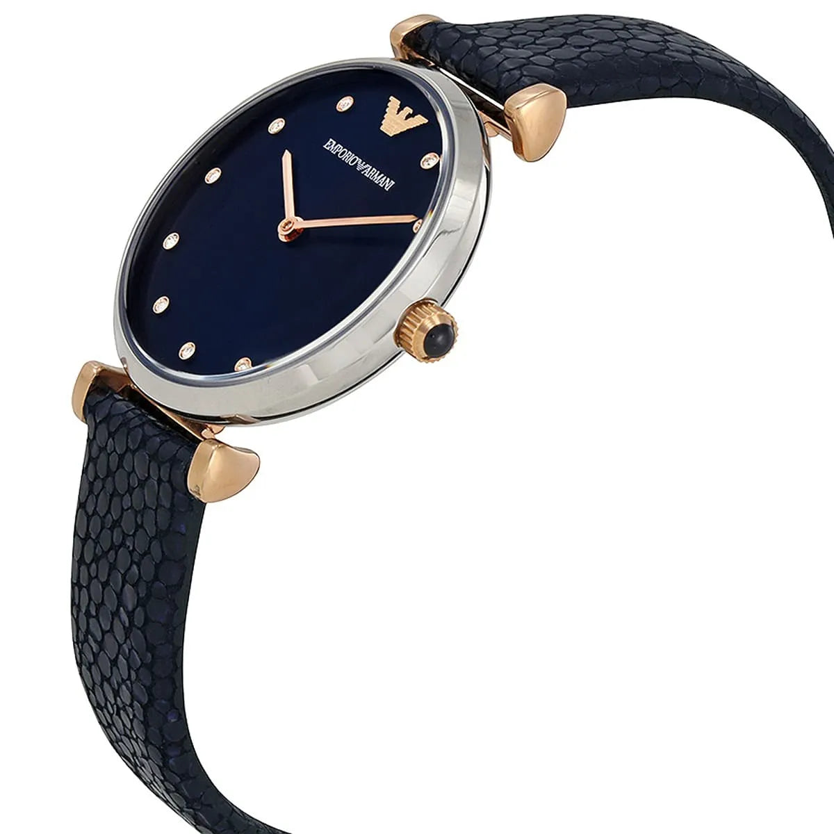 Side profile of Emporio Armani AR1989 watch with leather strap and rose gold crown and lugs