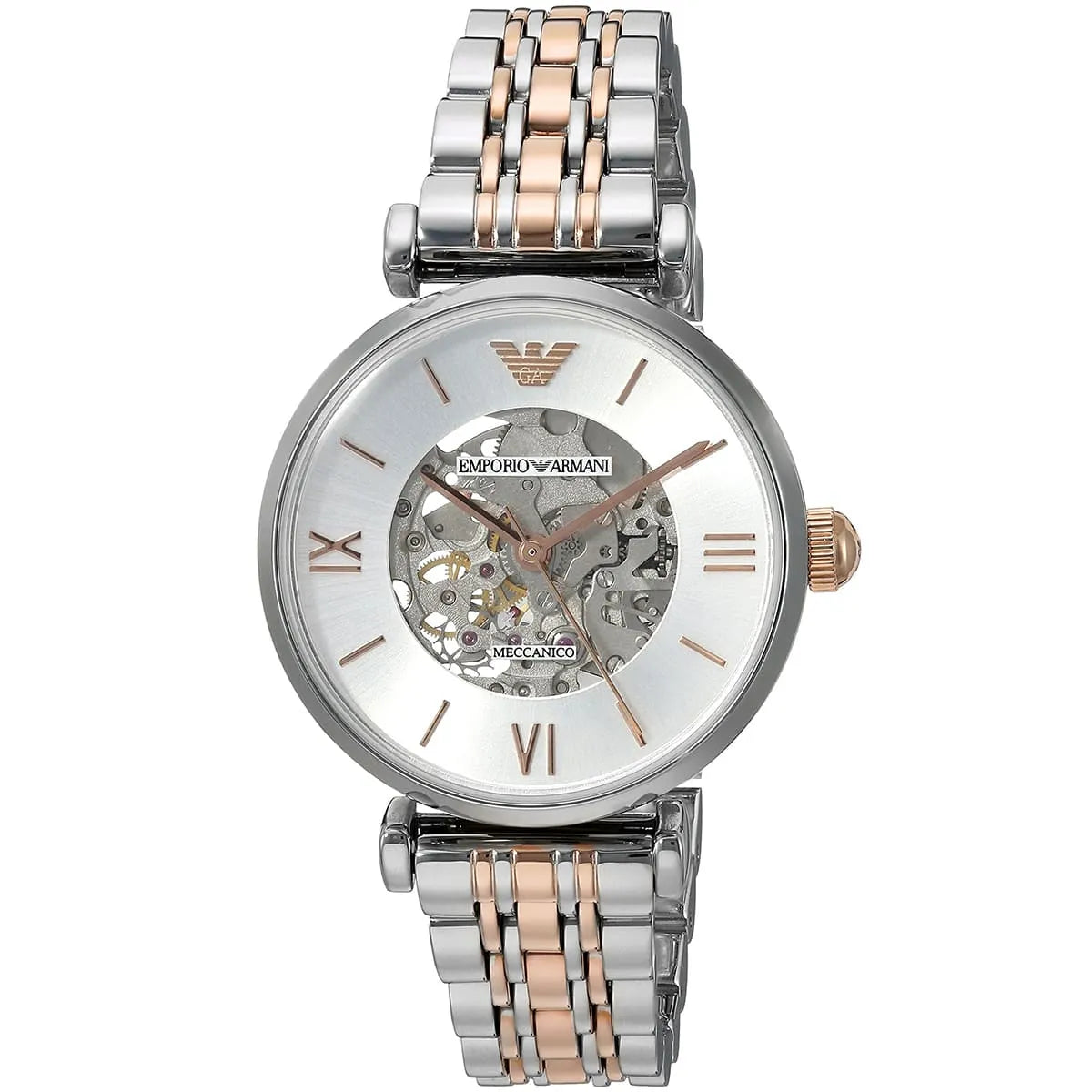 Front view of Emporio Armani AR1992 skeleton watch showing silver dial with rose gold Roman numerals and exposed movement