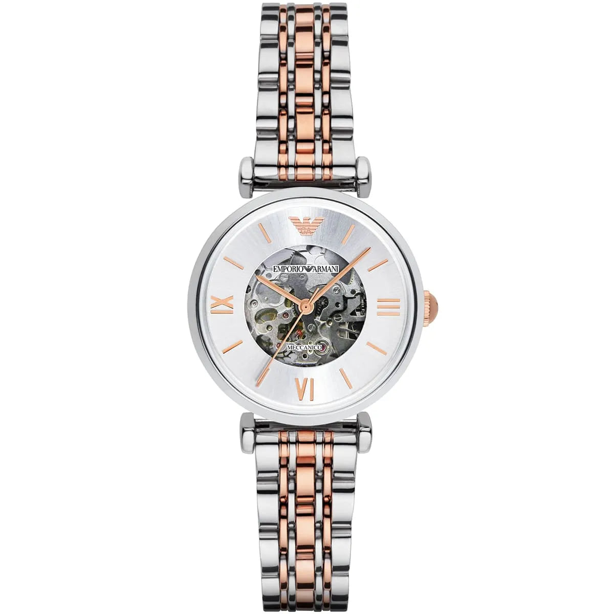 Emporio Armani Gianni T-Bar skeleton watch with silver dial, rose gold and silver two-tone strap, and visible mechanical movement